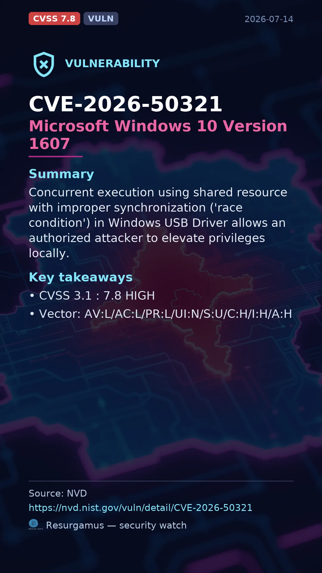 CVE-2026-50321 Microsoft Windows 10 Version 1607 Vulnerability