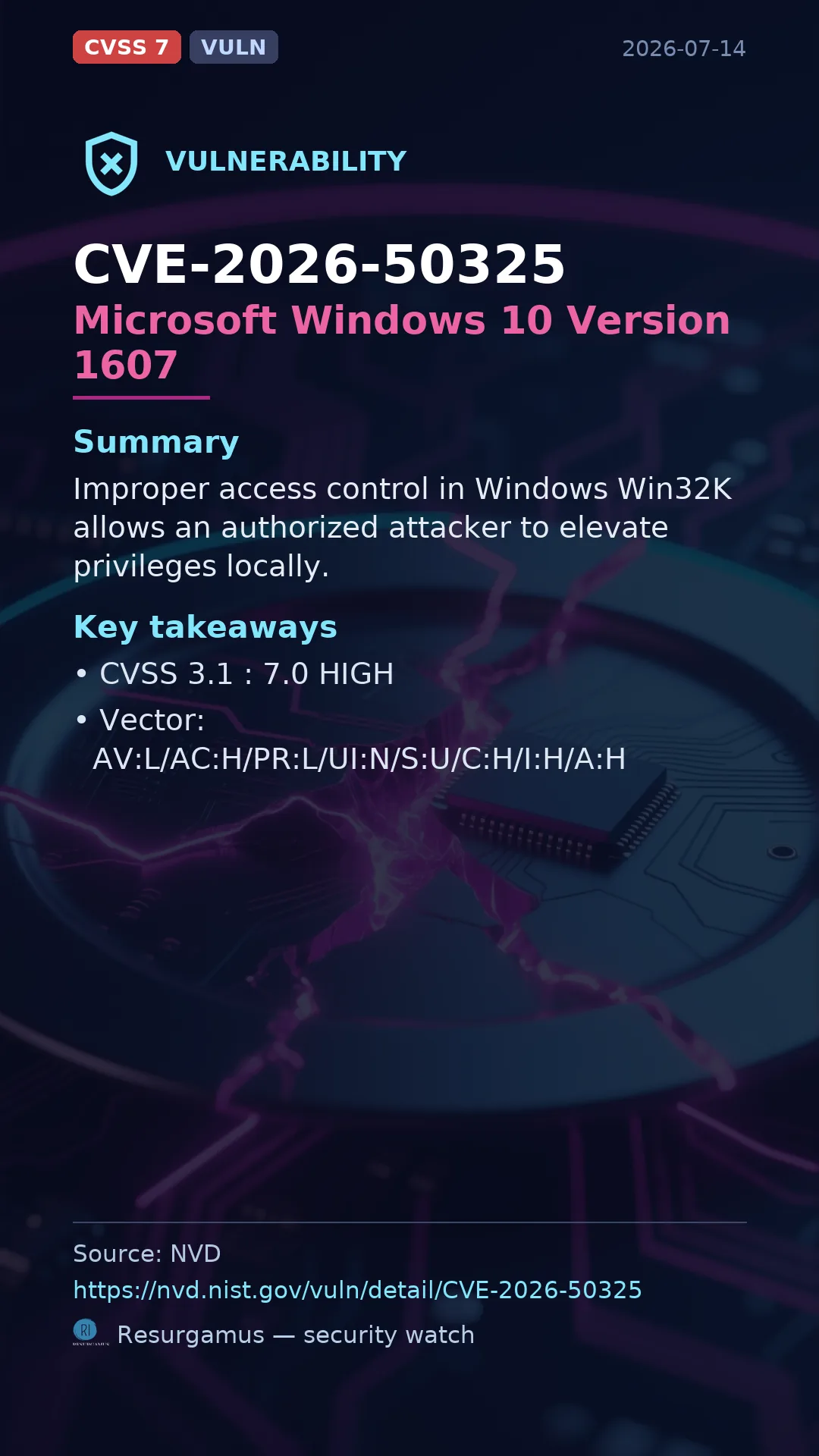 CVE-2026-50325 Microsoft Windows 10 Version 1607 Vulnerability