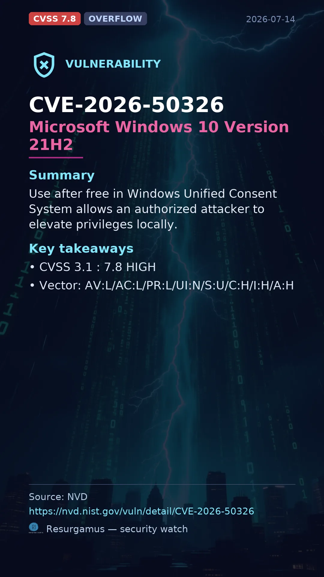 CVE-2026-50326 Microsoft Windows 10 Version 21H2 Vulnerability