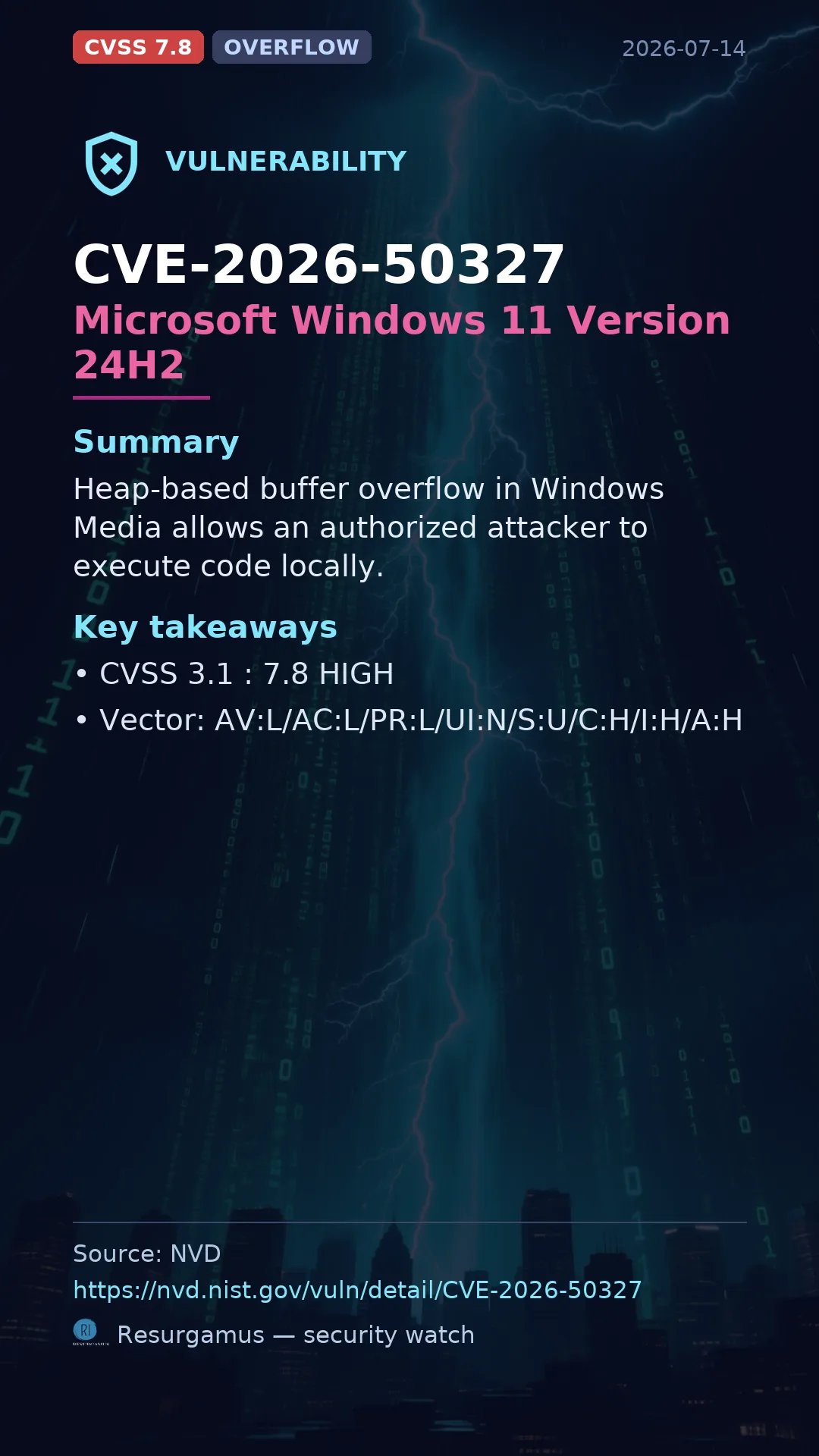 CVE-2026-50327 Microsoft Windows 11 Version 24H2 Vulnerability