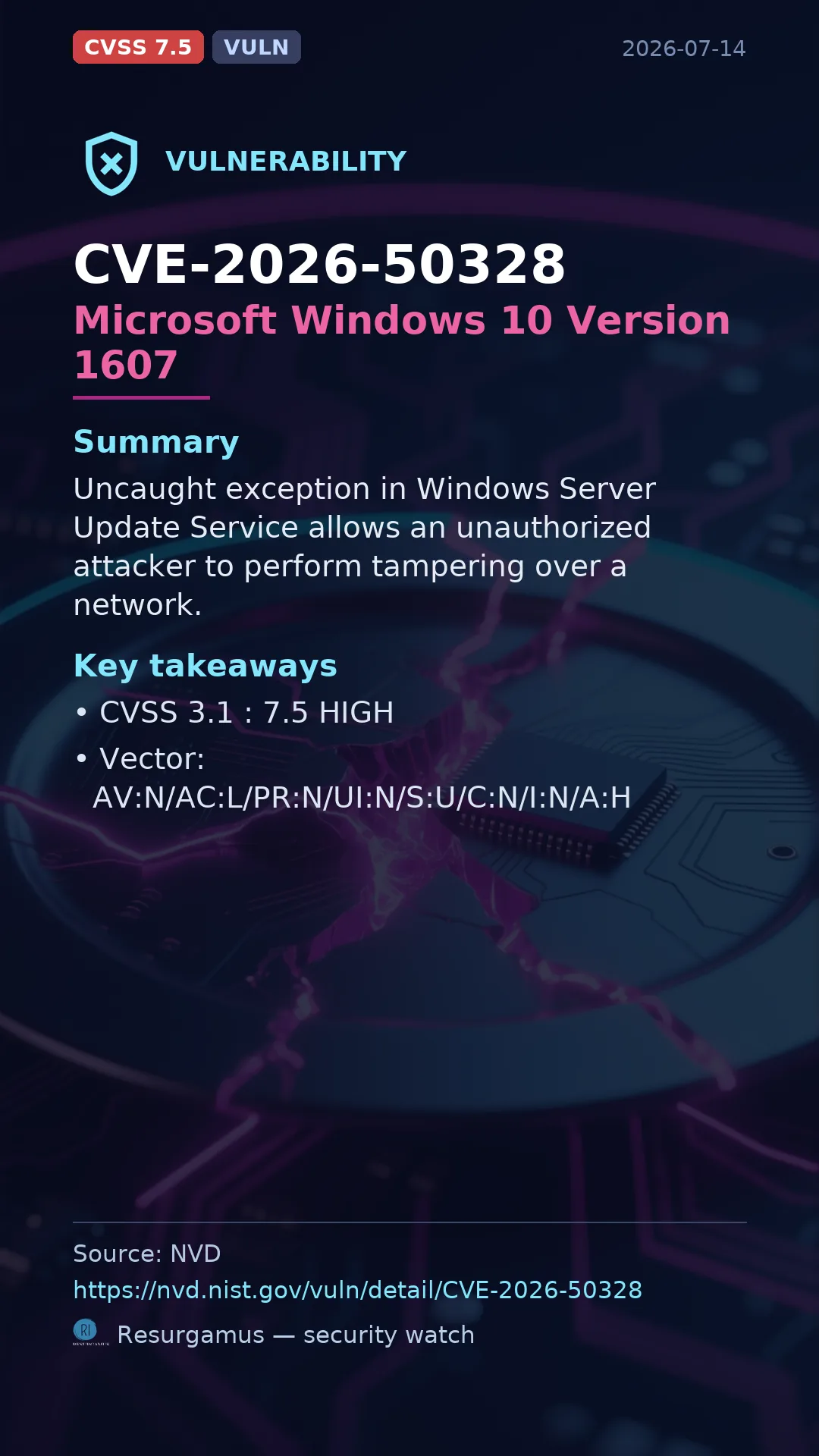 CVE-2026-50328 Microsoft Windows 10 Version 1607 Vulnerability