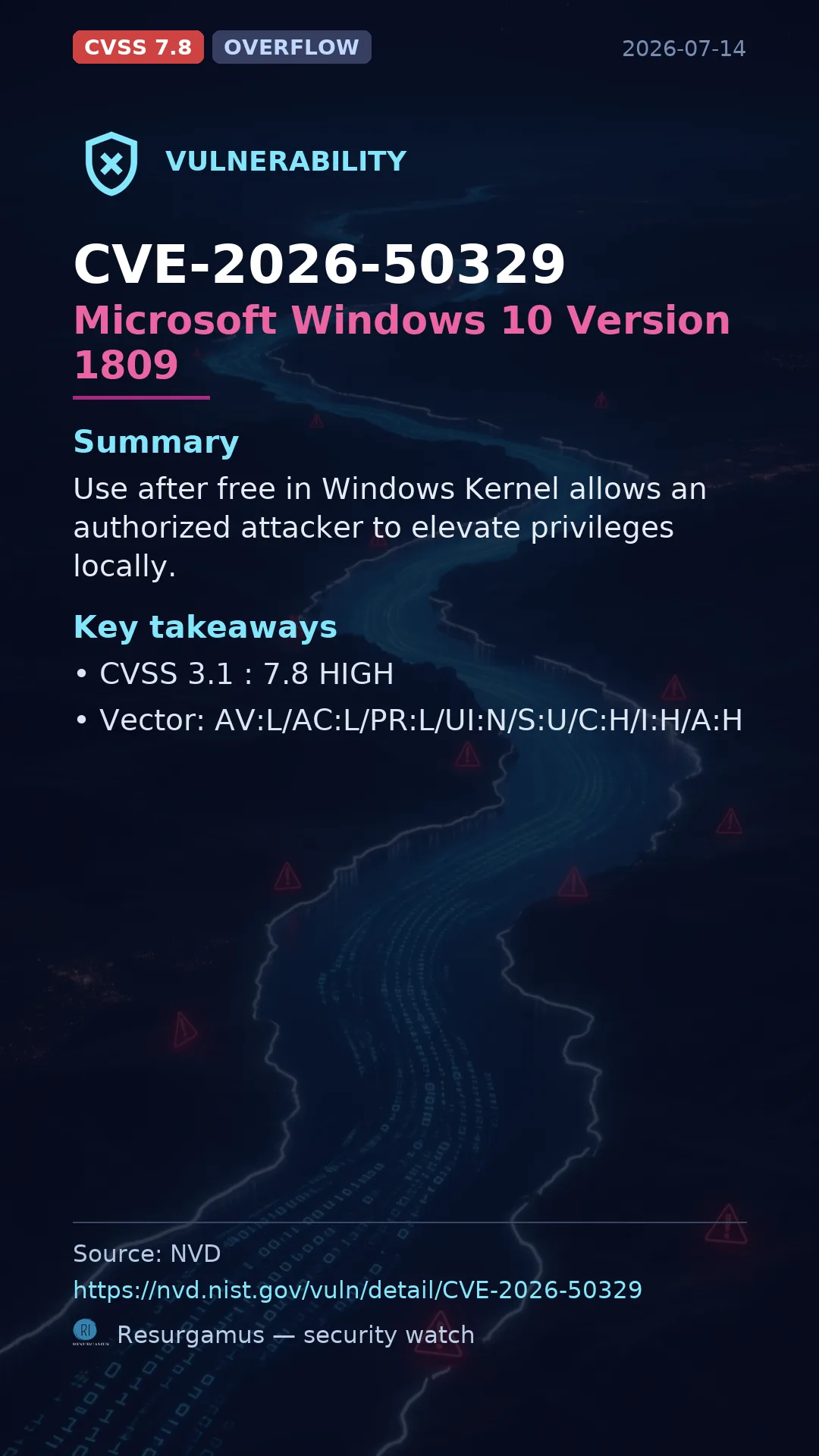CVE-2026-50329 Microsoft Windows 10 Version 1809 Vulnerability