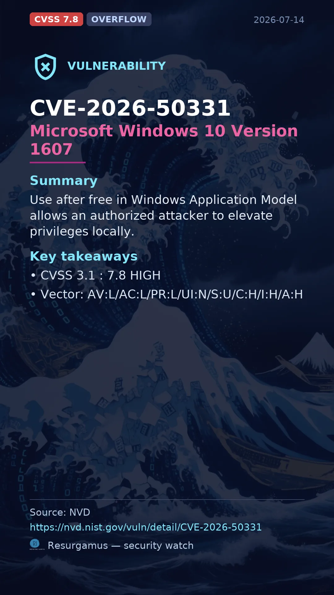 CVE-2026-50331 Microsoft Windows 10 Version 1607 Vulnerability