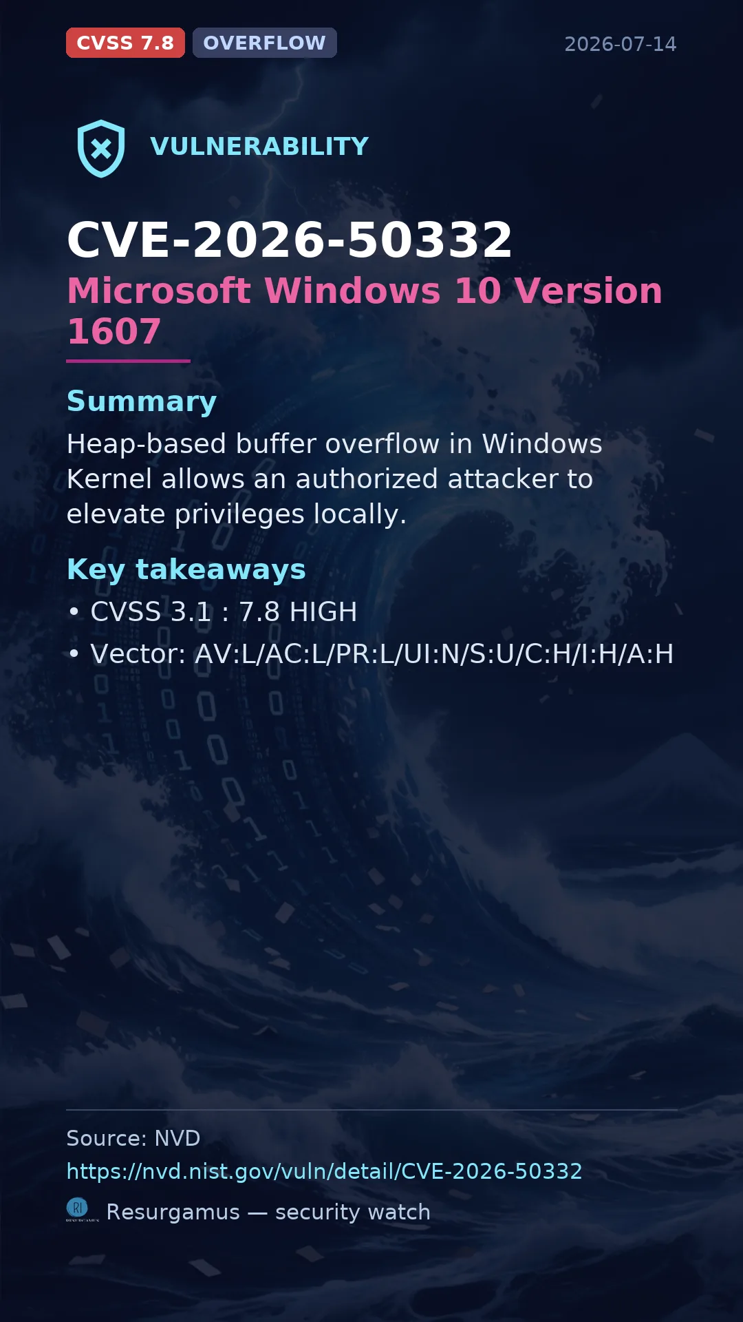 CVE-2026-50332 Microsoft Windows 10 Version 1607 Vulnerability