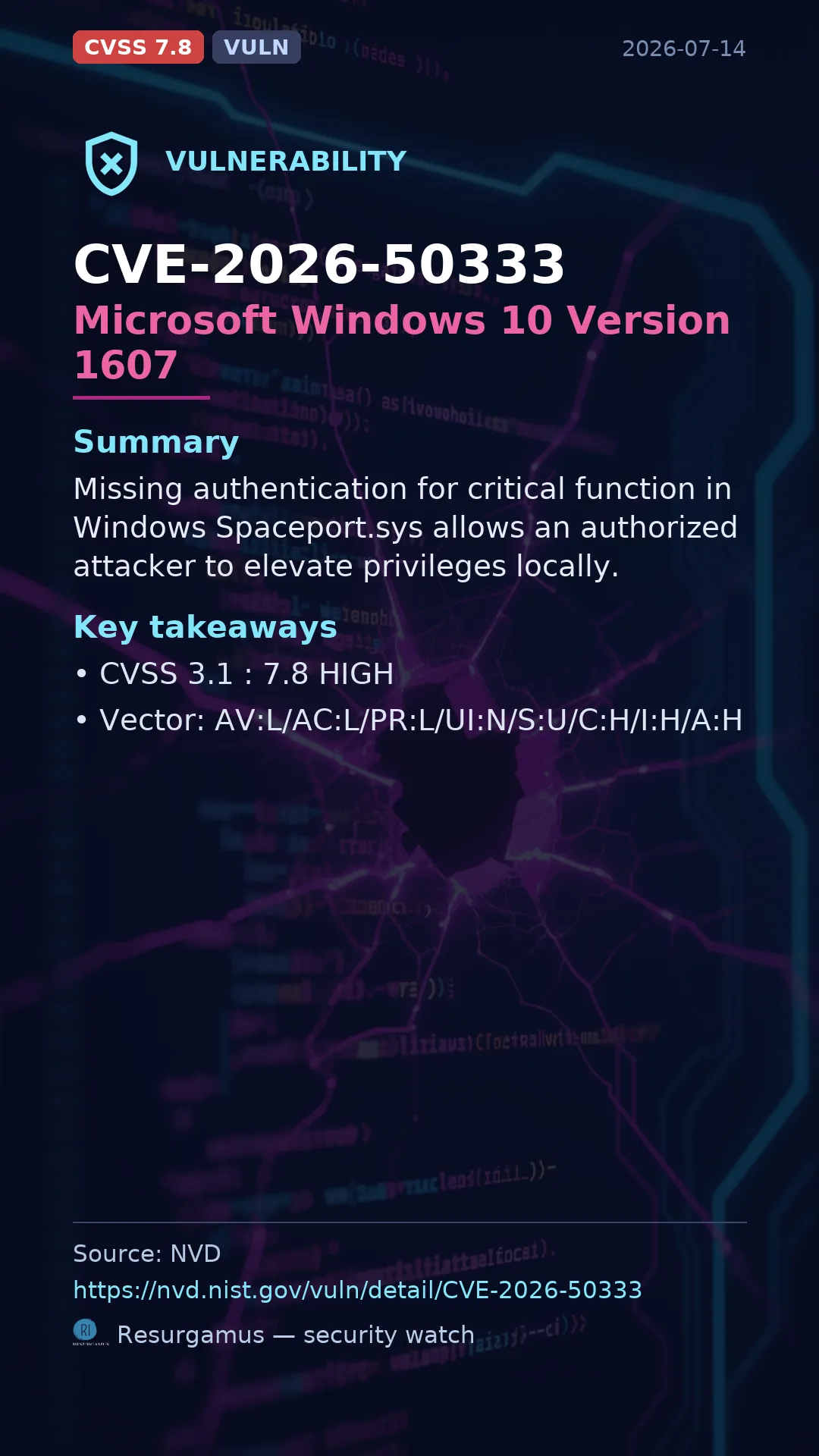 CVE-2026-50333 Microsoft Windows 10 Version 1607 Vulnerability