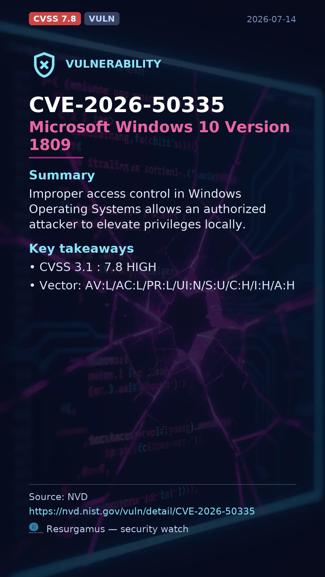 CVE-2026-50335 Microsoft Windows 10 Version 1809 Vulnerability