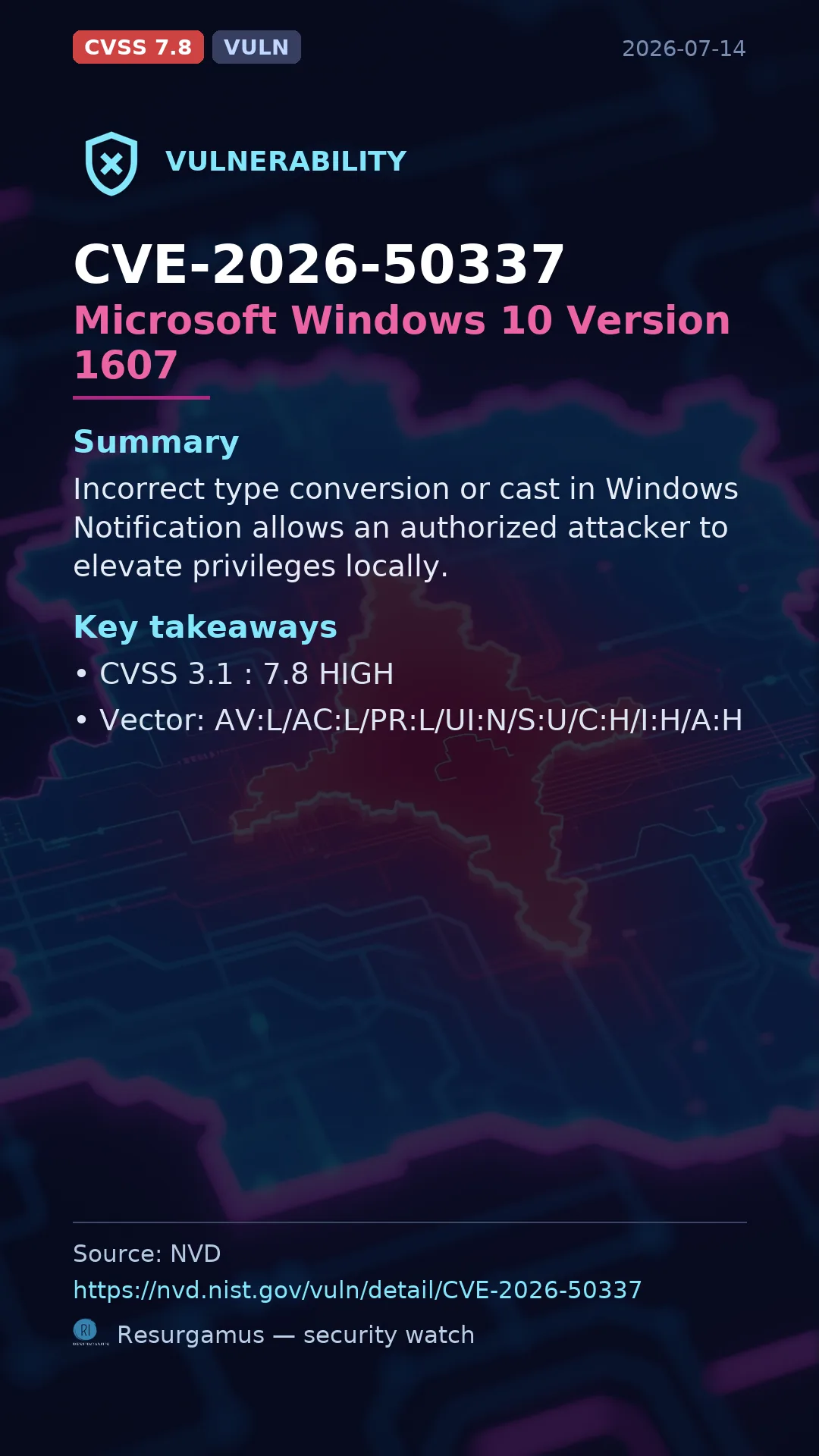 CVE-2026-50337 Microsoft Windows 10 Version 1607 Vulnerability