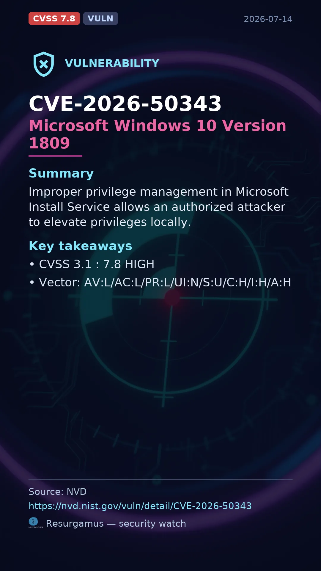 CVE-2026-50343 Microsoft Windows 10 Version 1809 Vulnerability