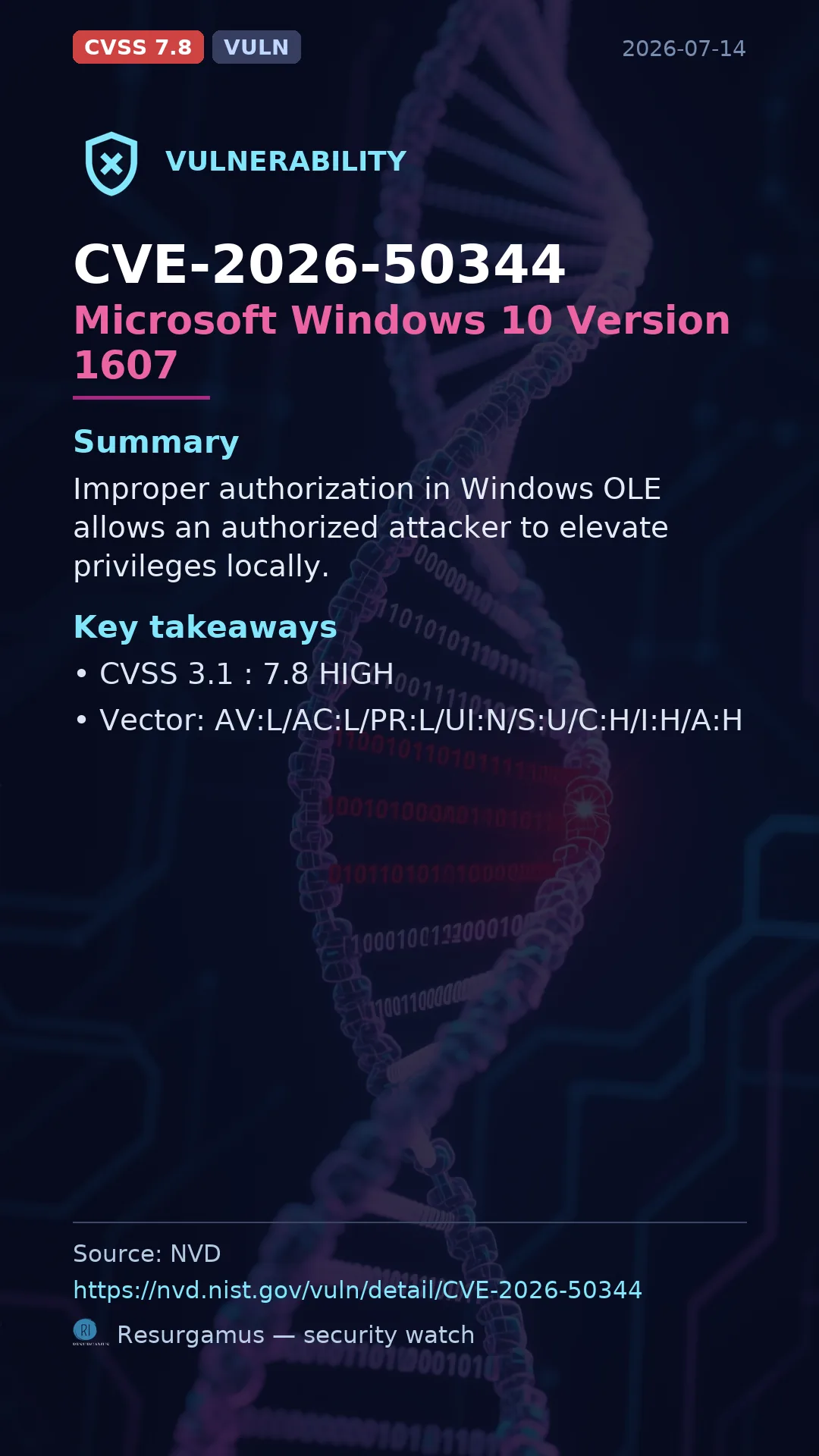 CVE-2026-50344 Microsoft Windows 10 Version 1607 Vulnerability