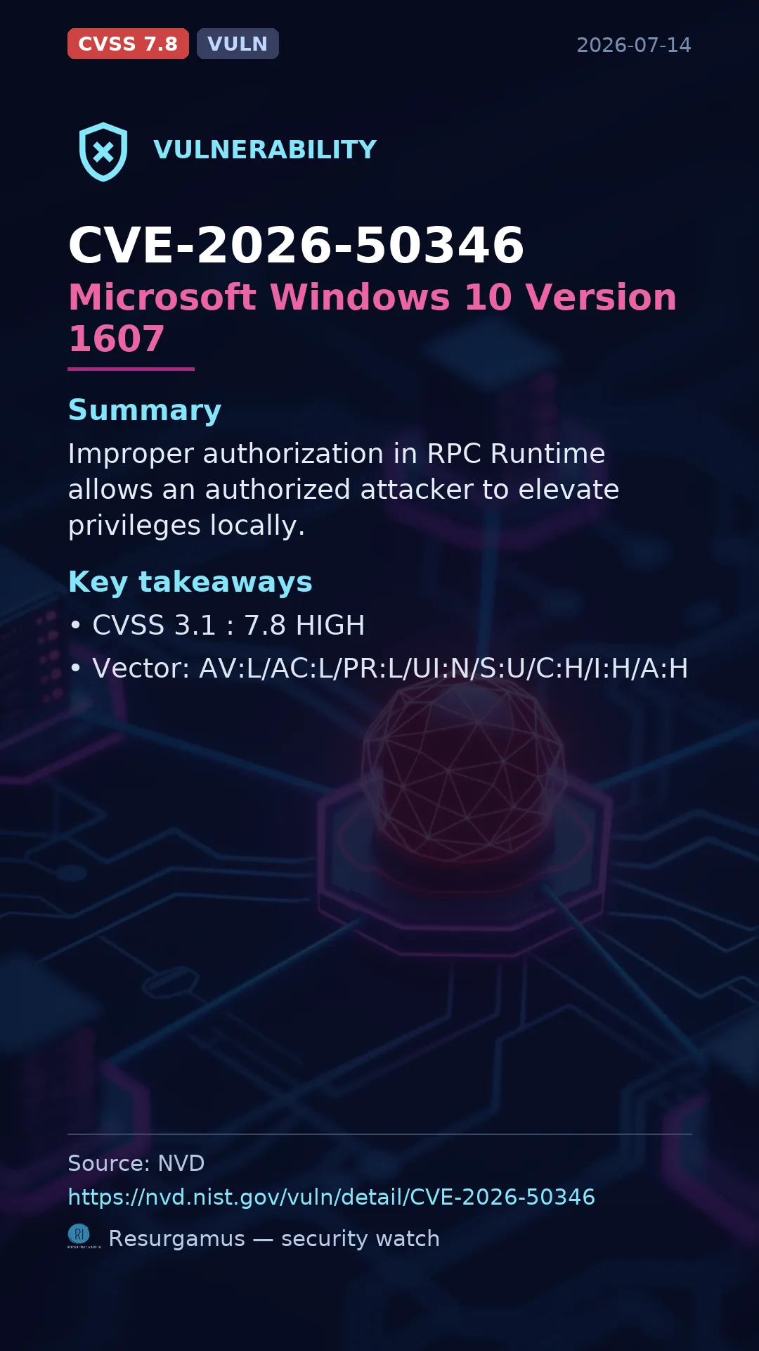 CVE-2026-50346 Microsoft Windows 10 Version 1607 Vulnerability