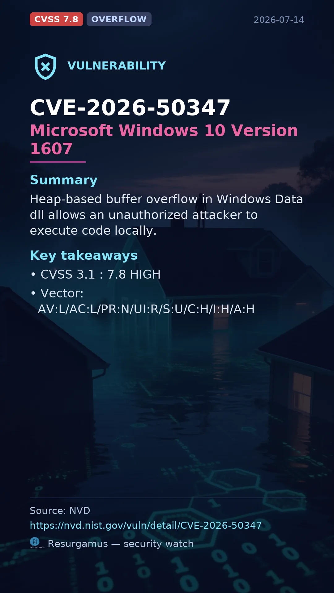 CVE-2026-50347 Microsoft Windows 10 Version 1607 Vulnerability