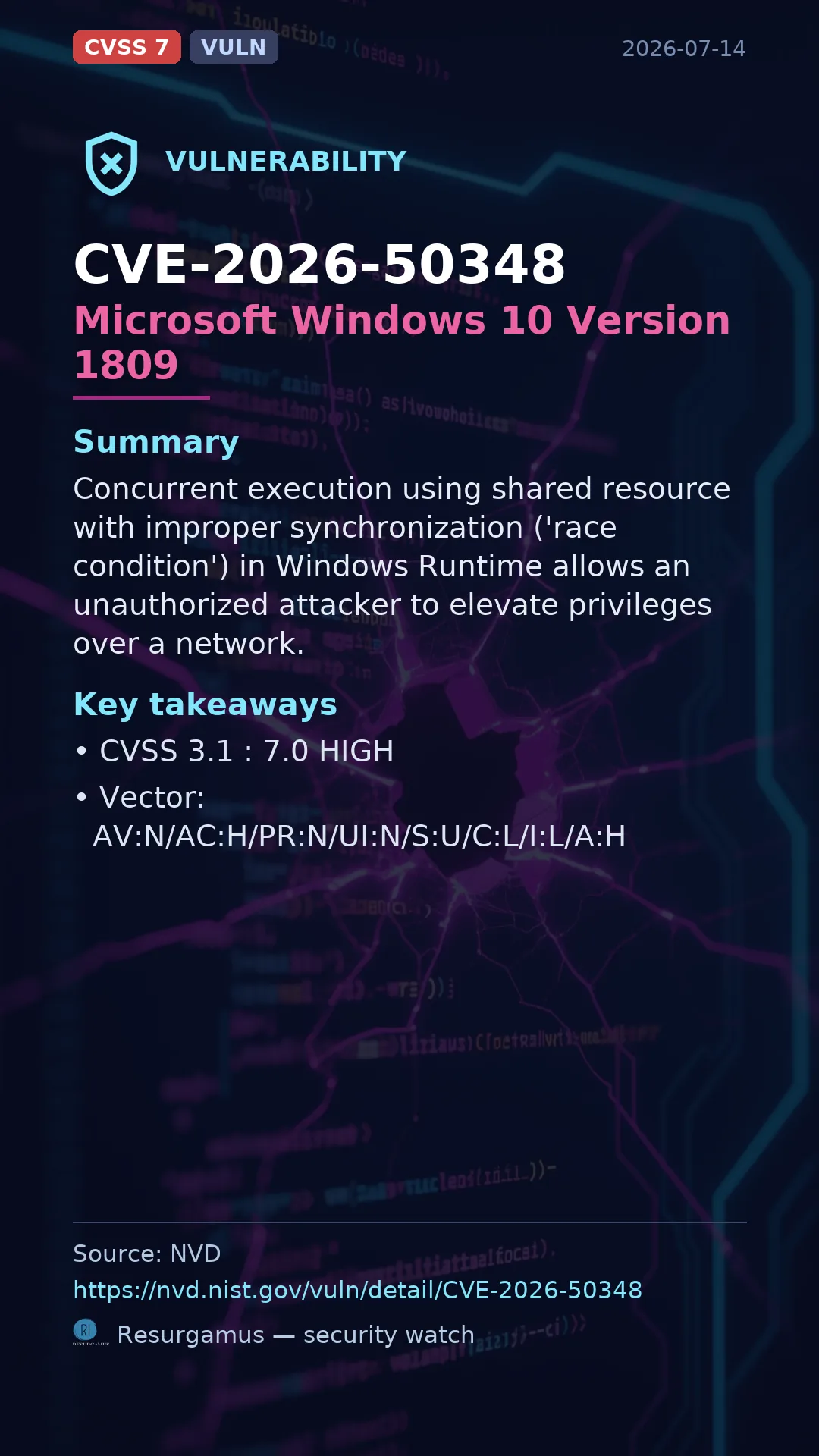 CVE-2026-50348 Microsoft Windows 10 Version 1809 Vulnerability