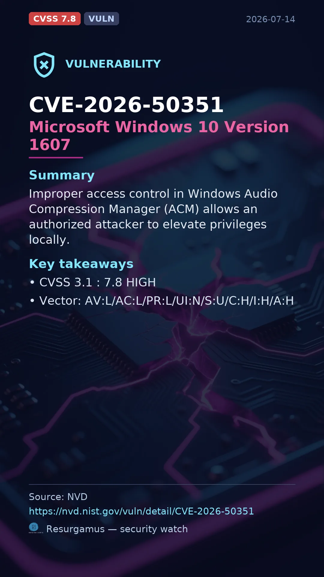 CVE-2026-50351 Microsoft Windows 10 Version 1607 Vulnerability