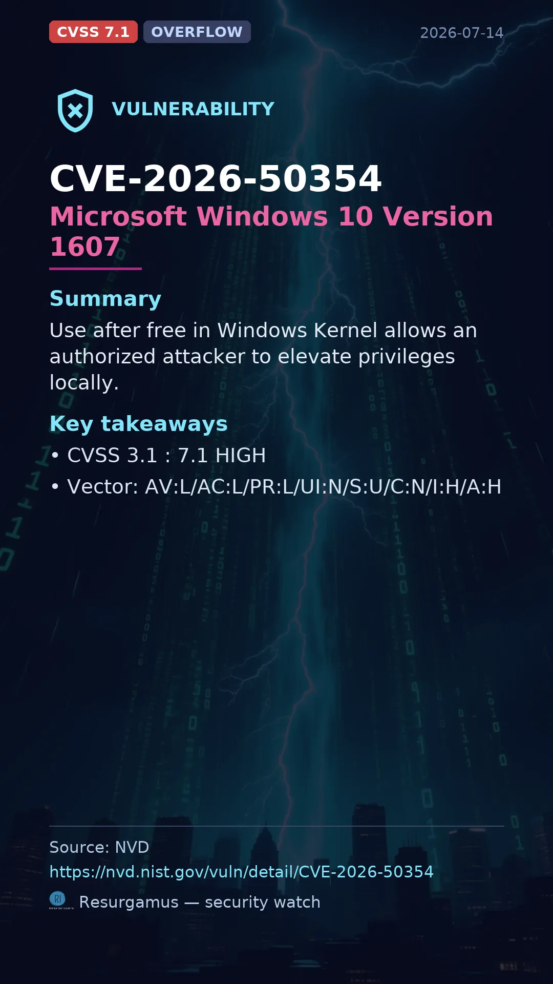 CVE-2026-50354 Microsoft Windows 10 Version 1607 Vulnerability
