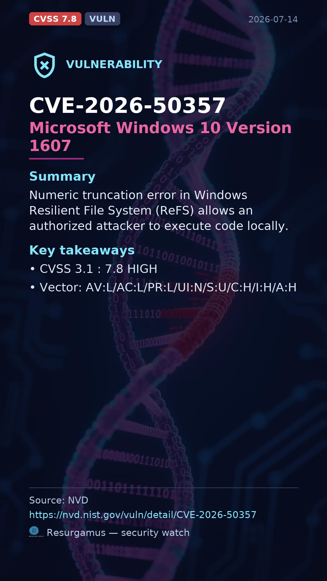 CVE-2026-50357 Microsoft Windows 10 Version 1607 Vulnerability