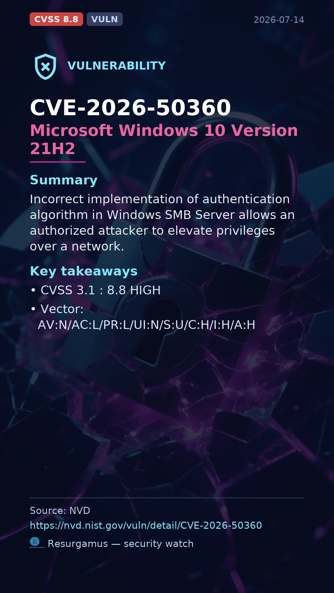 CVE-2026-50360 Microsoft Windows 10 Version 21H2 Vulnerability