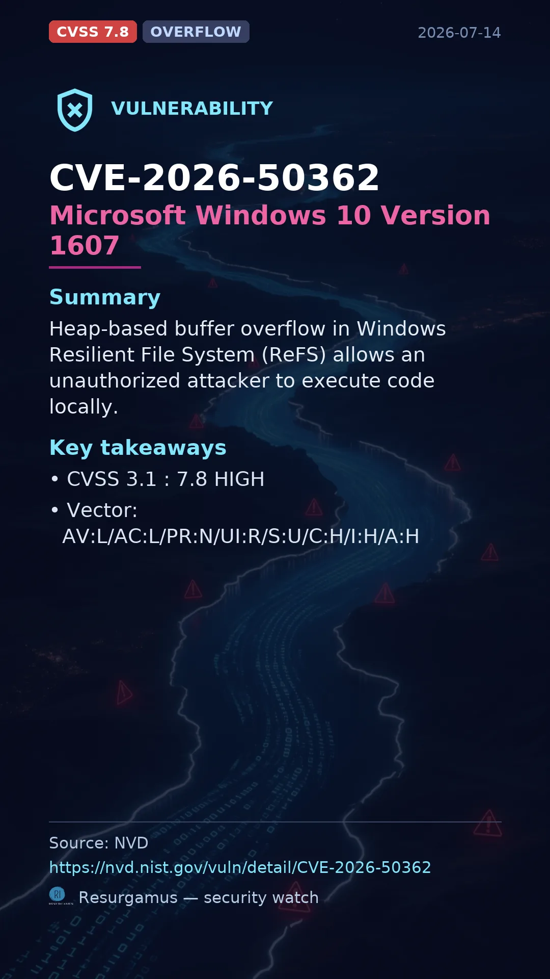CVE-2026-50362 Microsoft Windows 10 Version 1607 Vulnerability