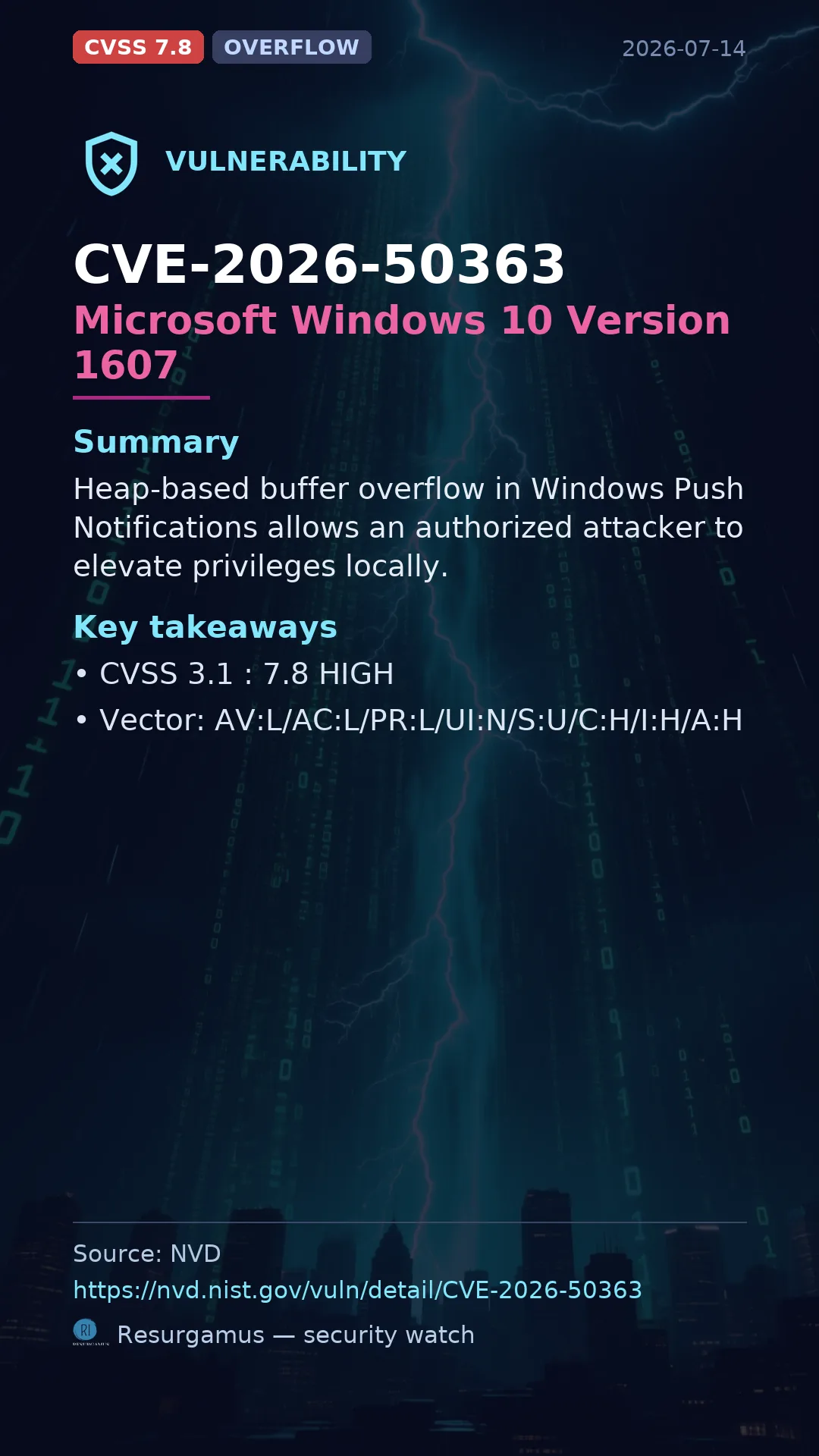 CVE-2026-50363 Microsoft Windows 10 Version 1607 Vulnerability