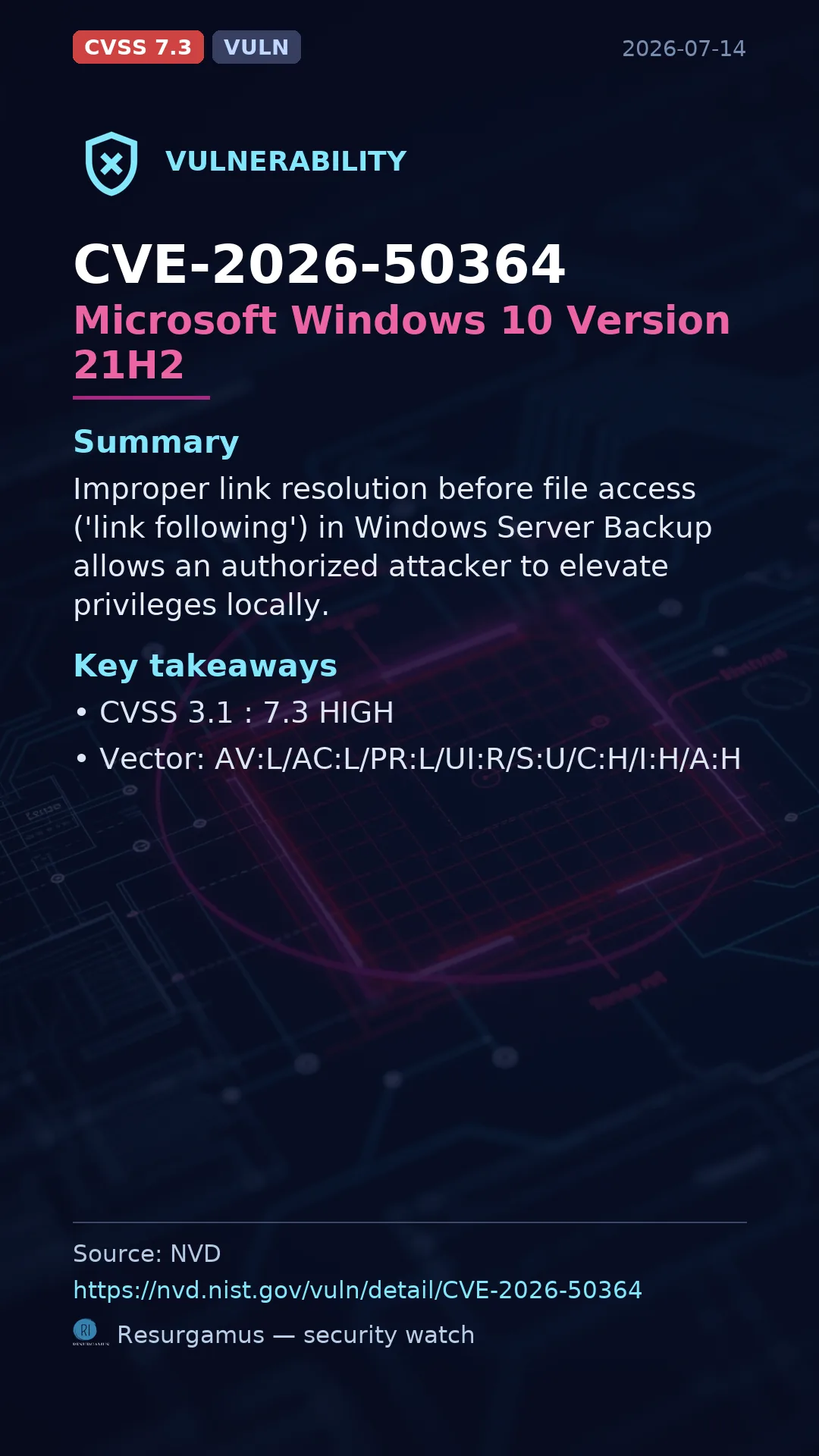CVE-2026-50364 Microsoft Windows 10 Version 21H2 Vulnerability