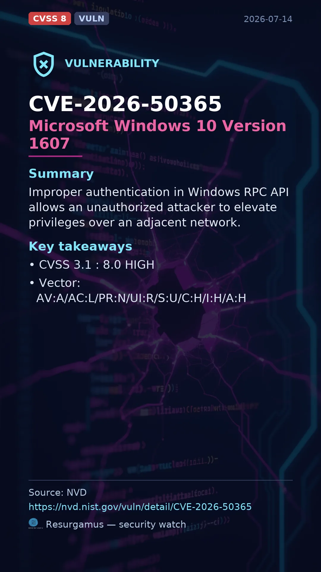CVE-2026-50365 Microsoft Windows 10 Version 1607 Vulnerability