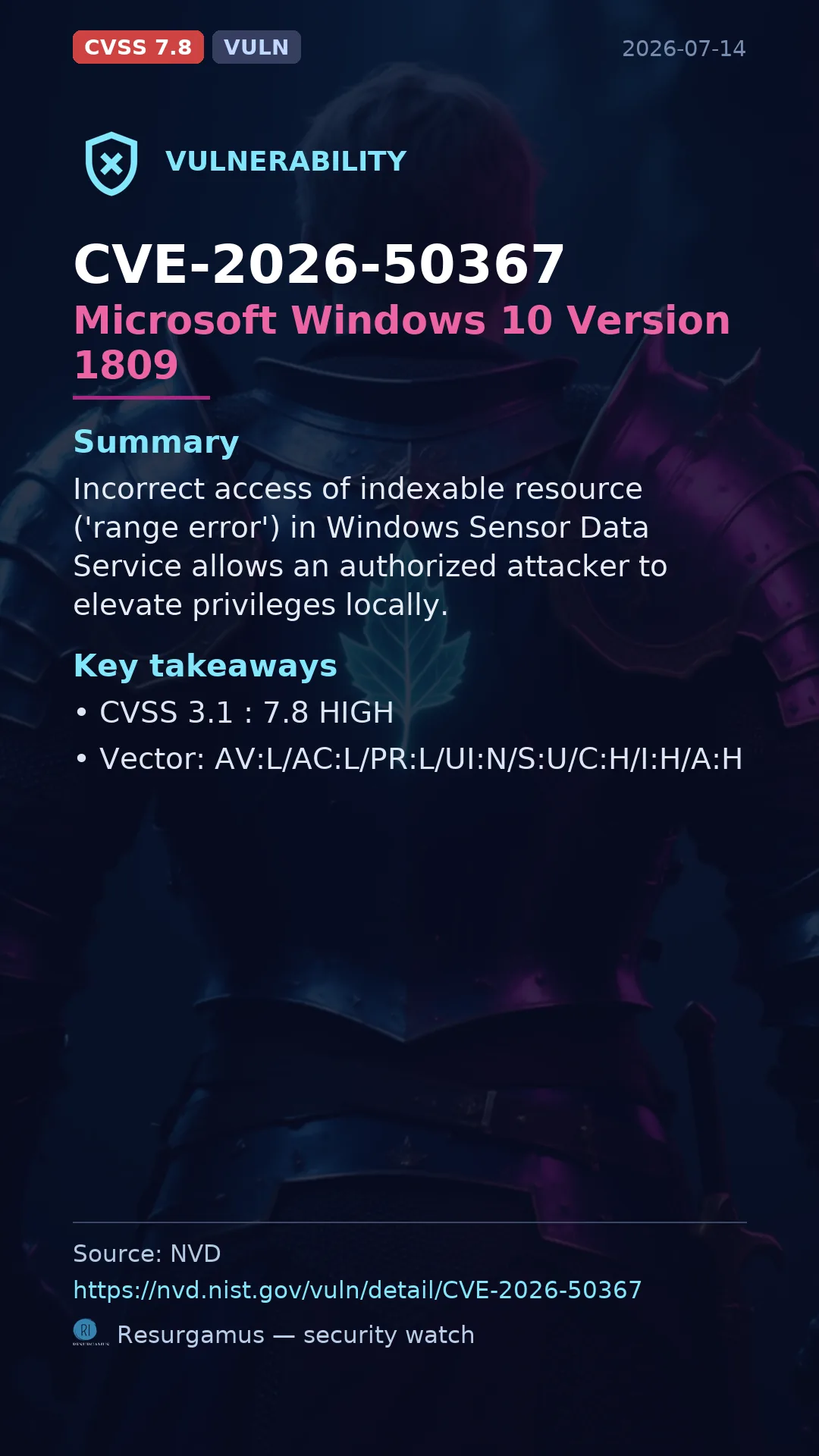CVE-2026-50367 Microsoft Windows 10 Version 1809 Vulnerability