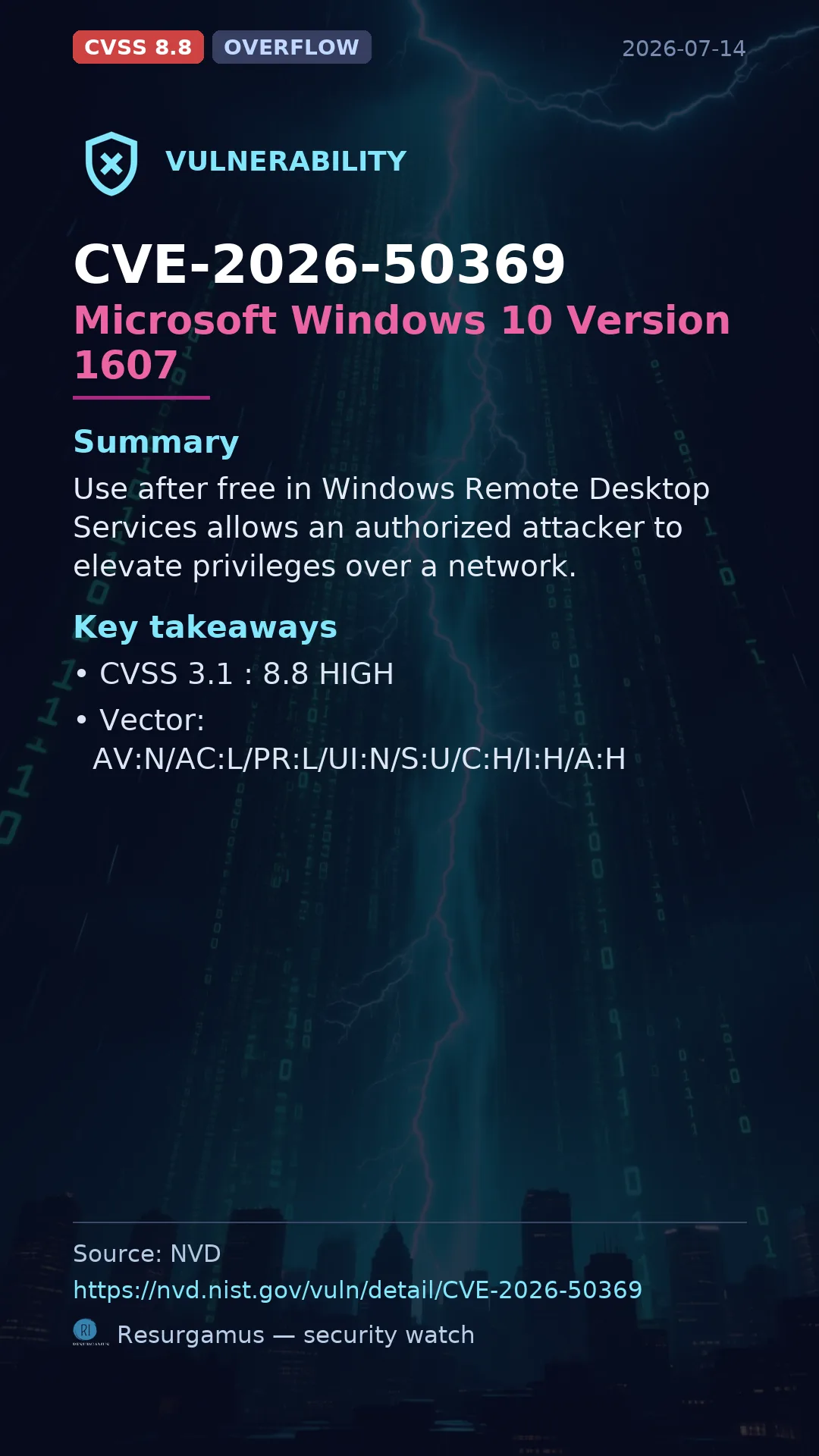CVE-2026-50369 Microsoft Windows 10 Version 1607 Vulnerability