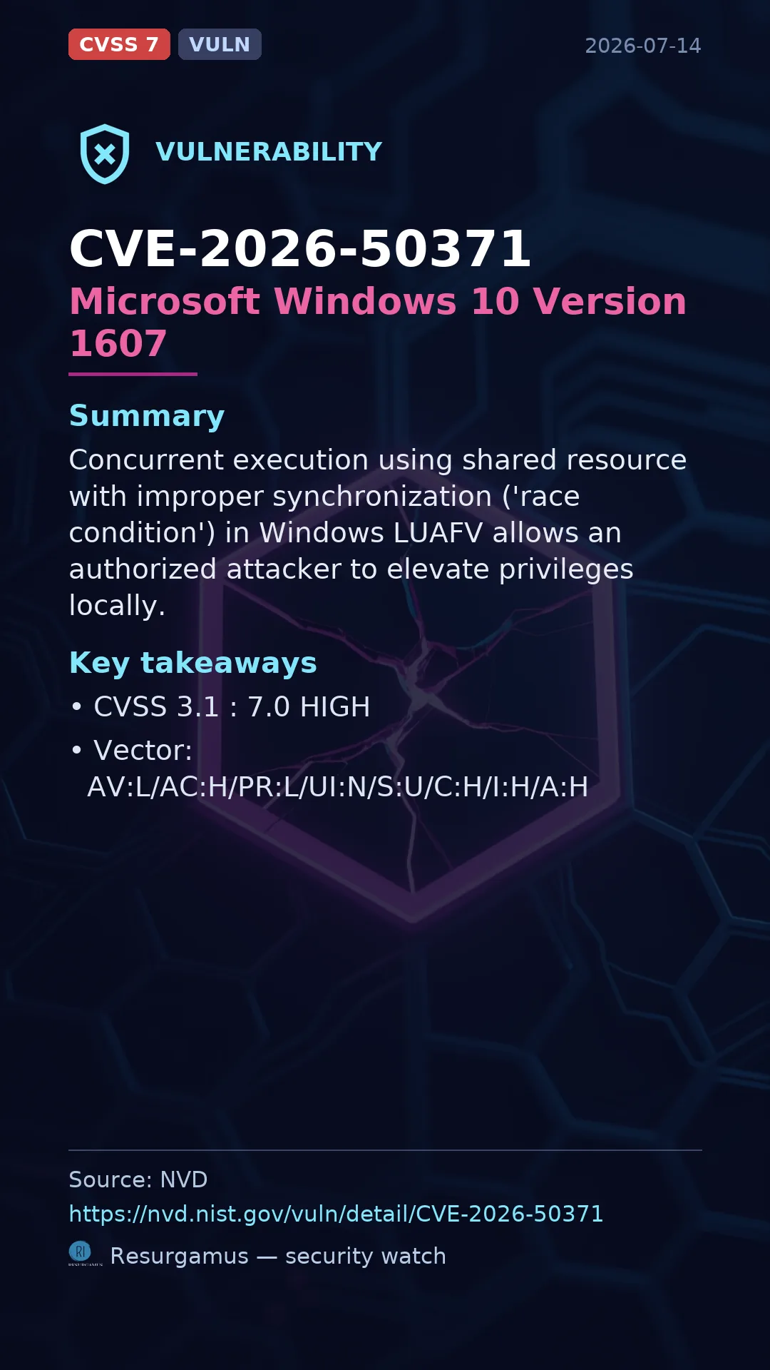 CVE-2026-50371 Microsoft Windows 10 Version 1607 Vulnerability
