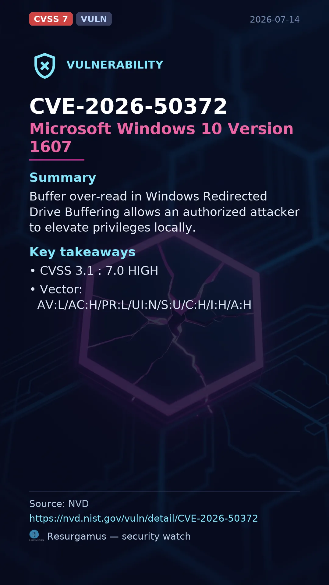 CVE-2026-50372 Microsoft Windows 10 Version 1607 Vulnerability