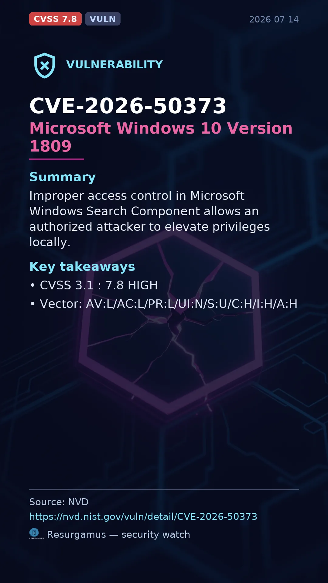 CVE-2026-50373 Microsoft Windows 10 Version 1809 Vulnerability