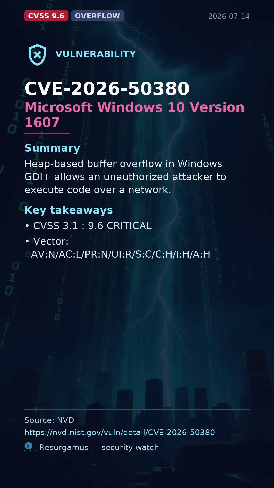 CVE-2026-50380 Microsoft Windows 10 Version 1607 Vulnerability