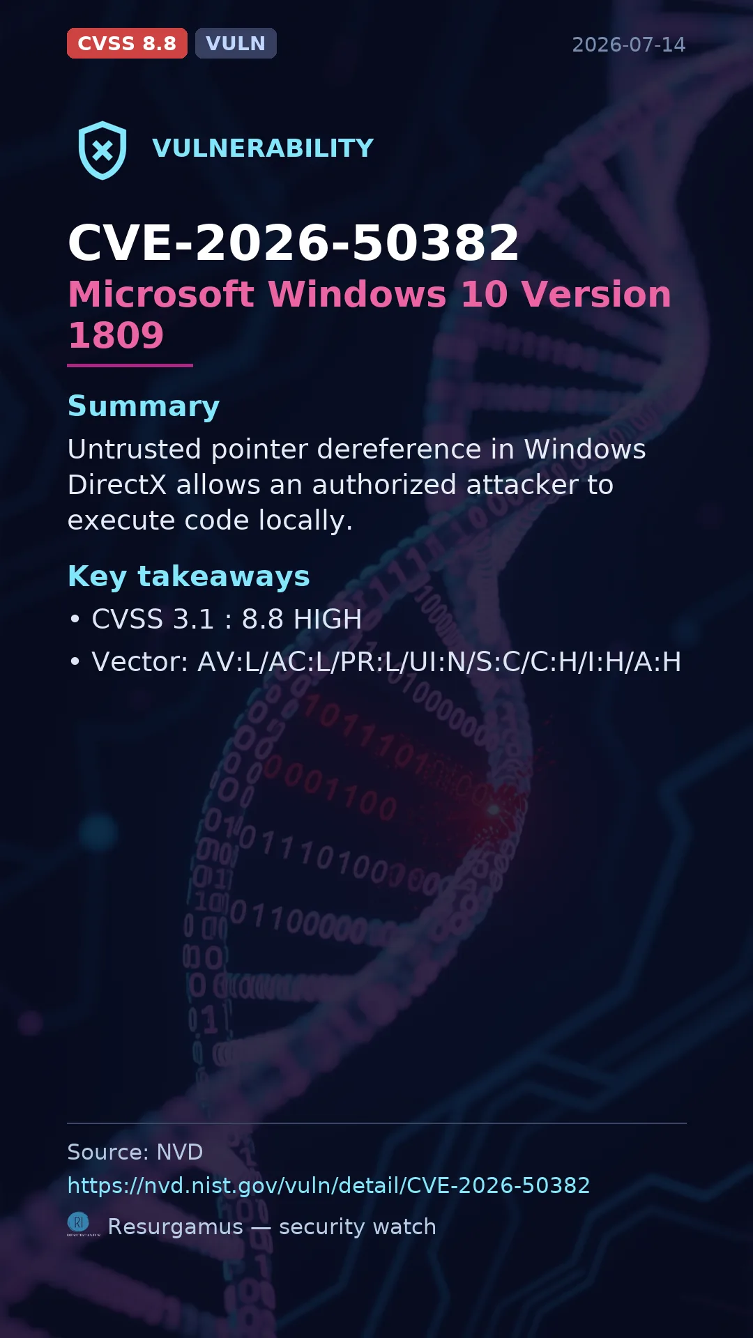 CVE-2026-50382 Microsoft Windows 10 Version 1809 Vulnerability