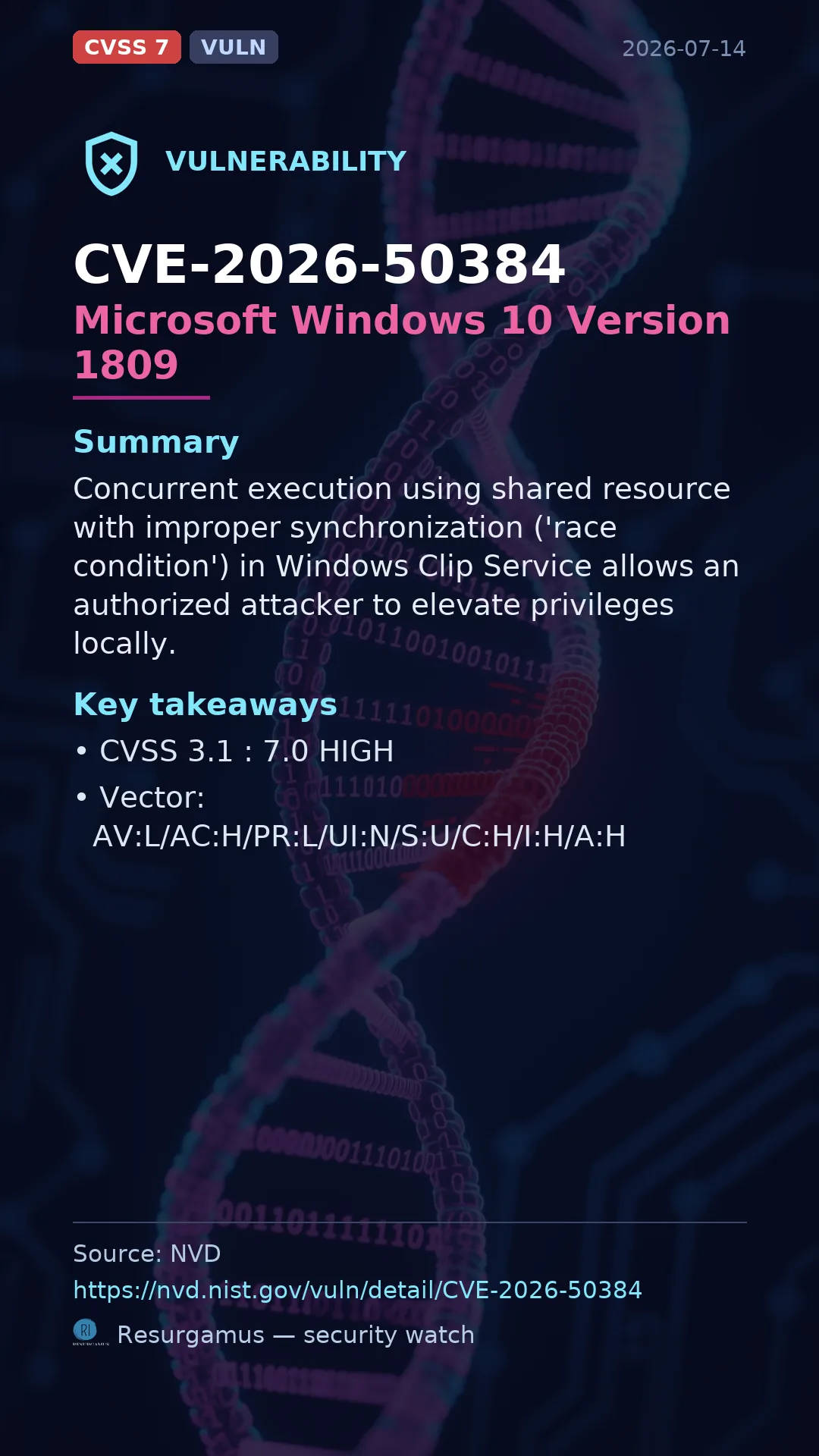 CVE-2026-50384 Microsoft Windows 10 Version 1809 Vulnerability