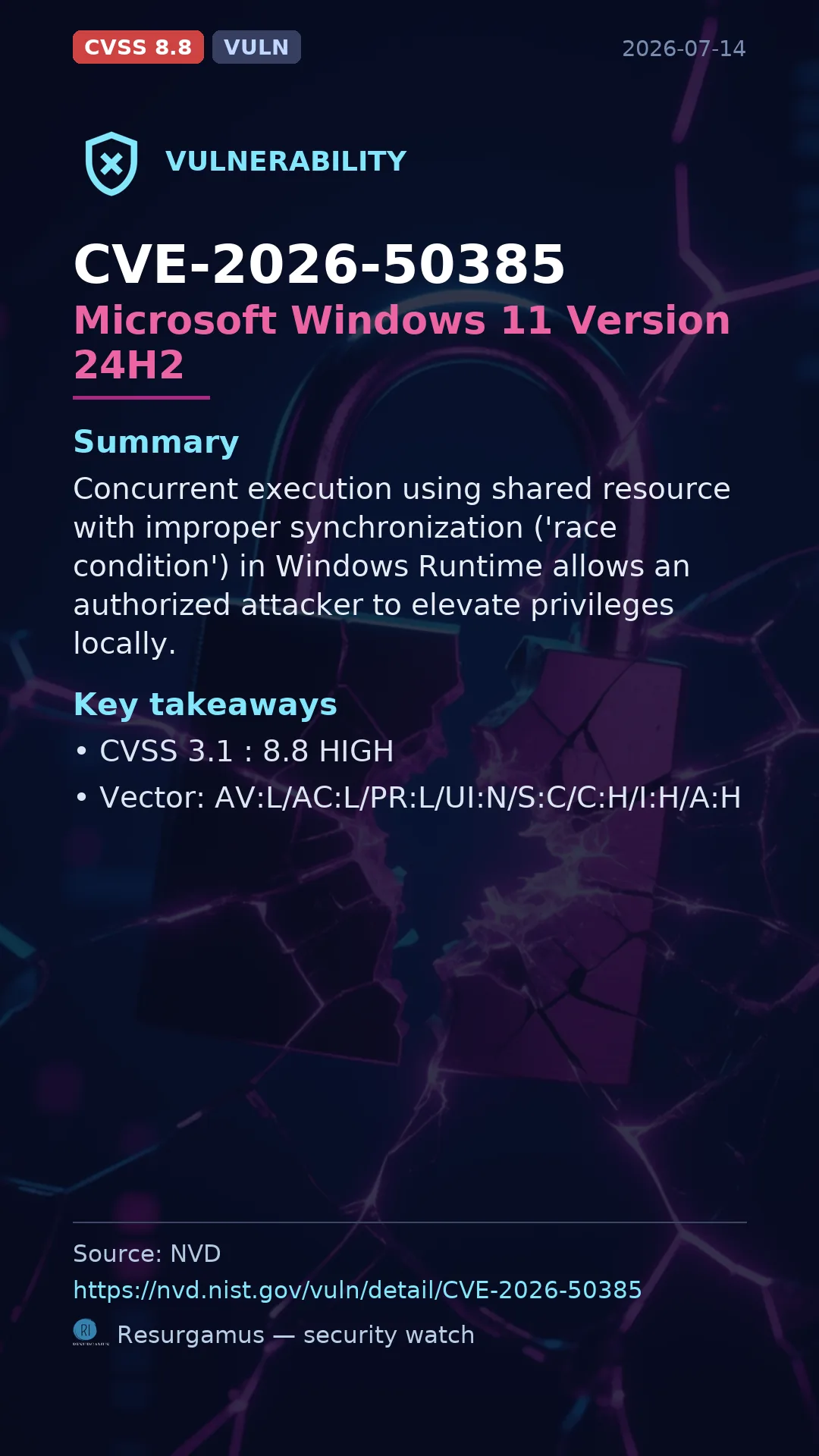 CVE-2026-50385 Microsoft Windows 11 Version 24H2 Vulnerability