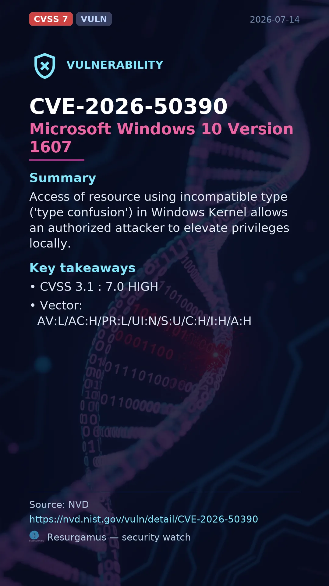 CVE-2026-50390 Microsoft Windows 10 Version 1607 Vulnerability