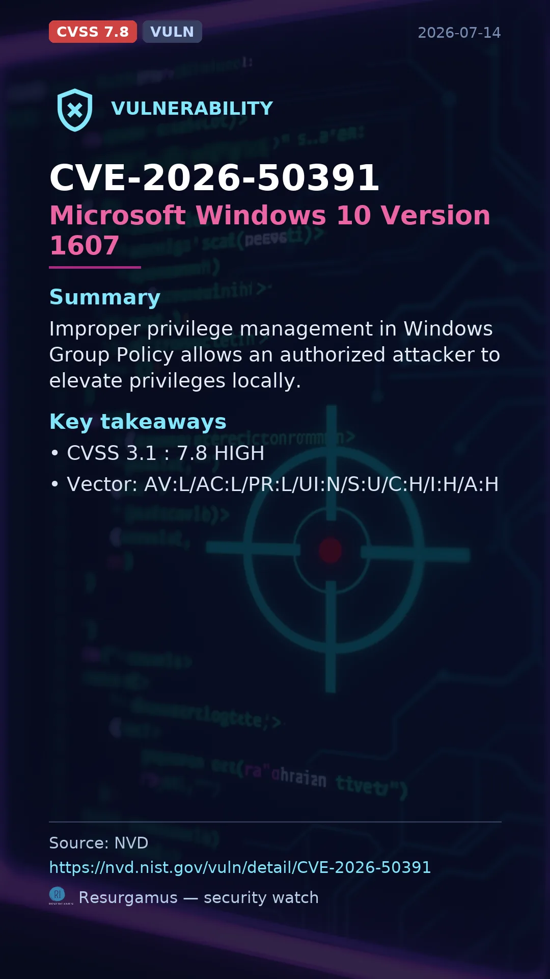 CVE-2026-50391 Microsoft Windows 10 Version 1607 Vulnerability