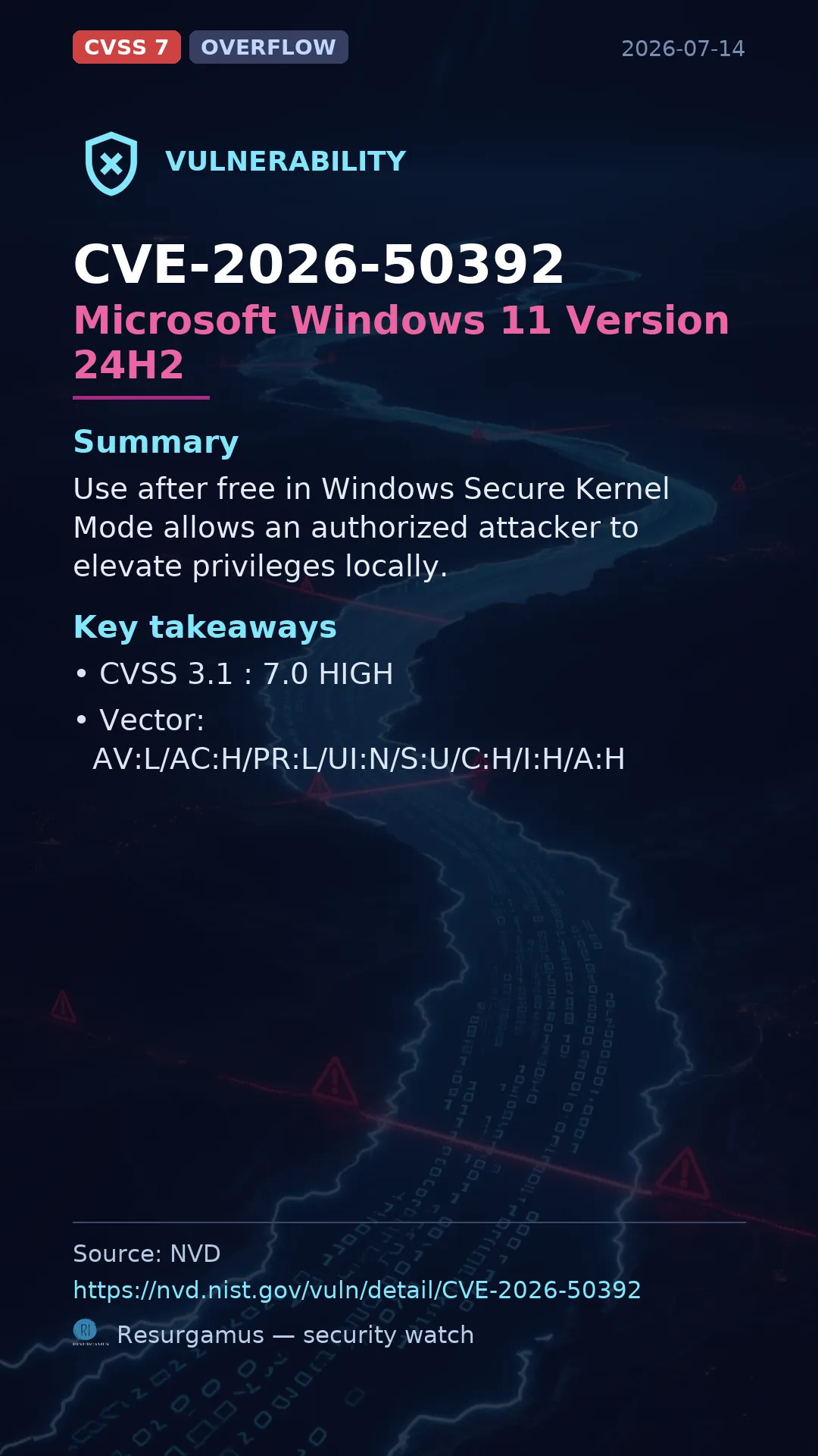 CVE-2026-50392 Microsoft Windows 11 Version 24H2 Vulnerability