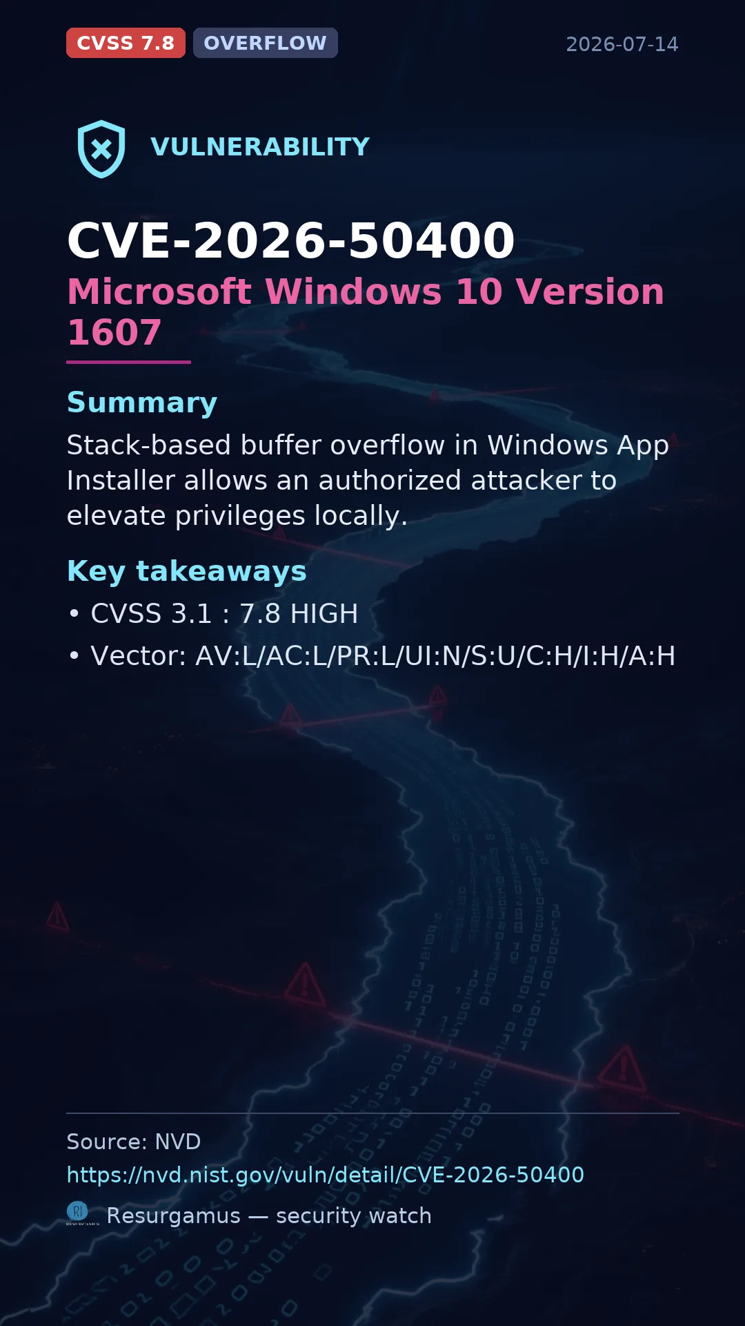 CVE-2026-50400 Microsoft Windows 10 Version 1607 Vulnerability