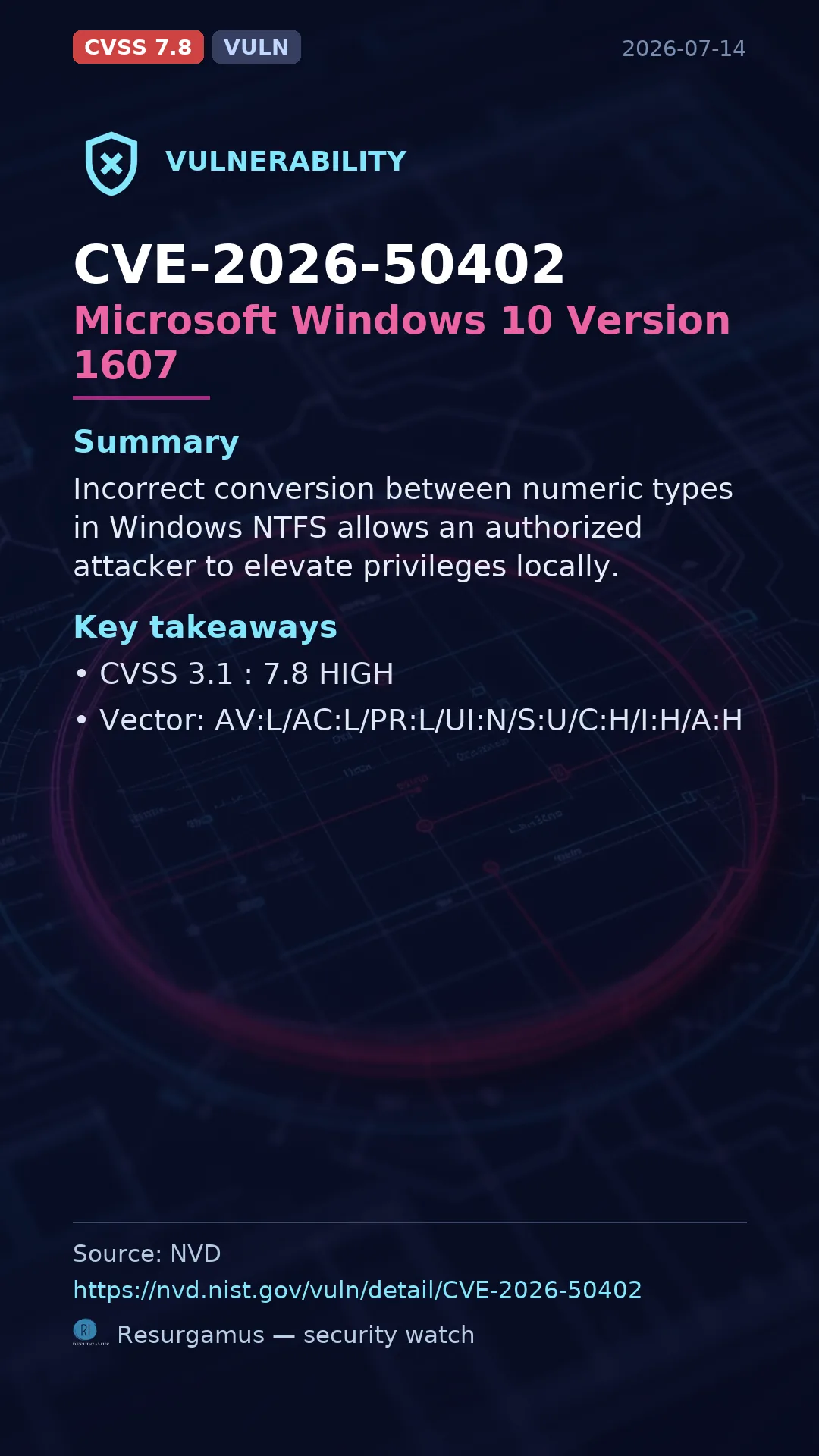 CVE-2026-50402 Microsoft Windows 10 Version 1607 Vulnerability