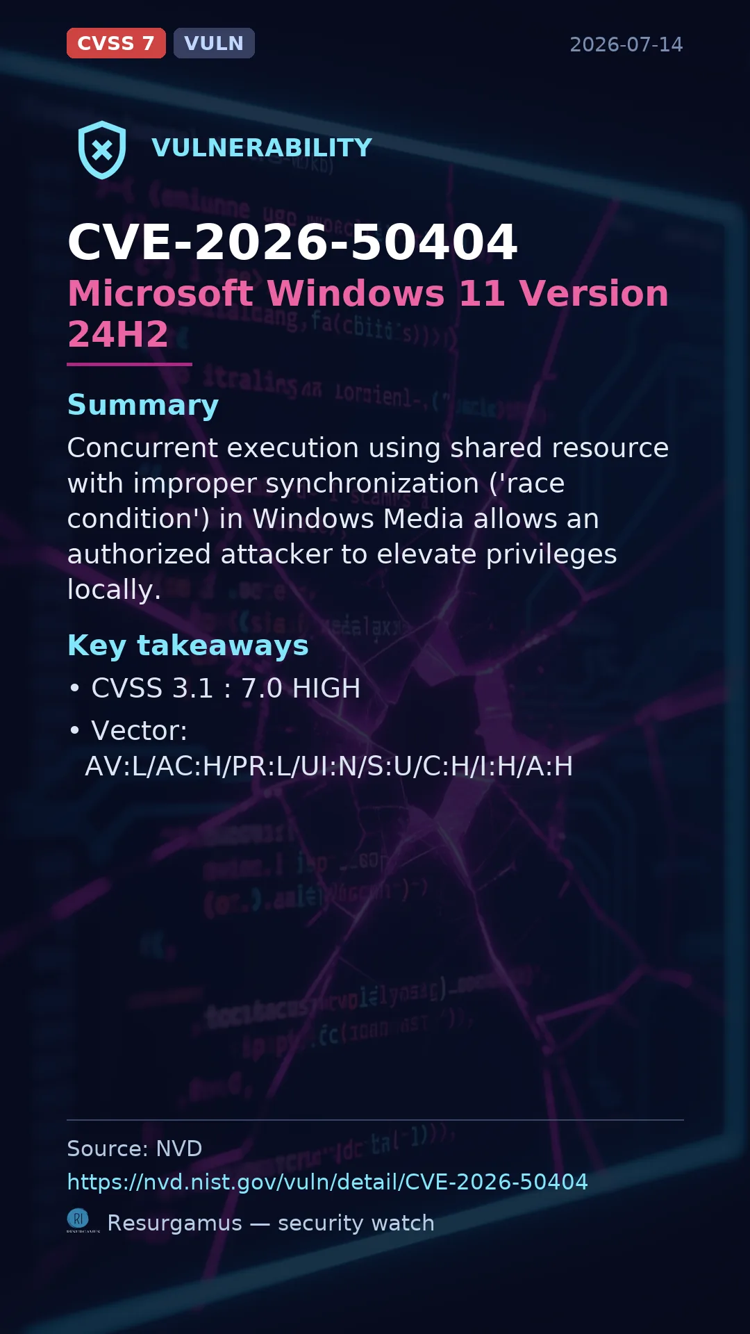 CVE-2026-50404 Microsoft Windows 11 Version 24H2 Vulnerability