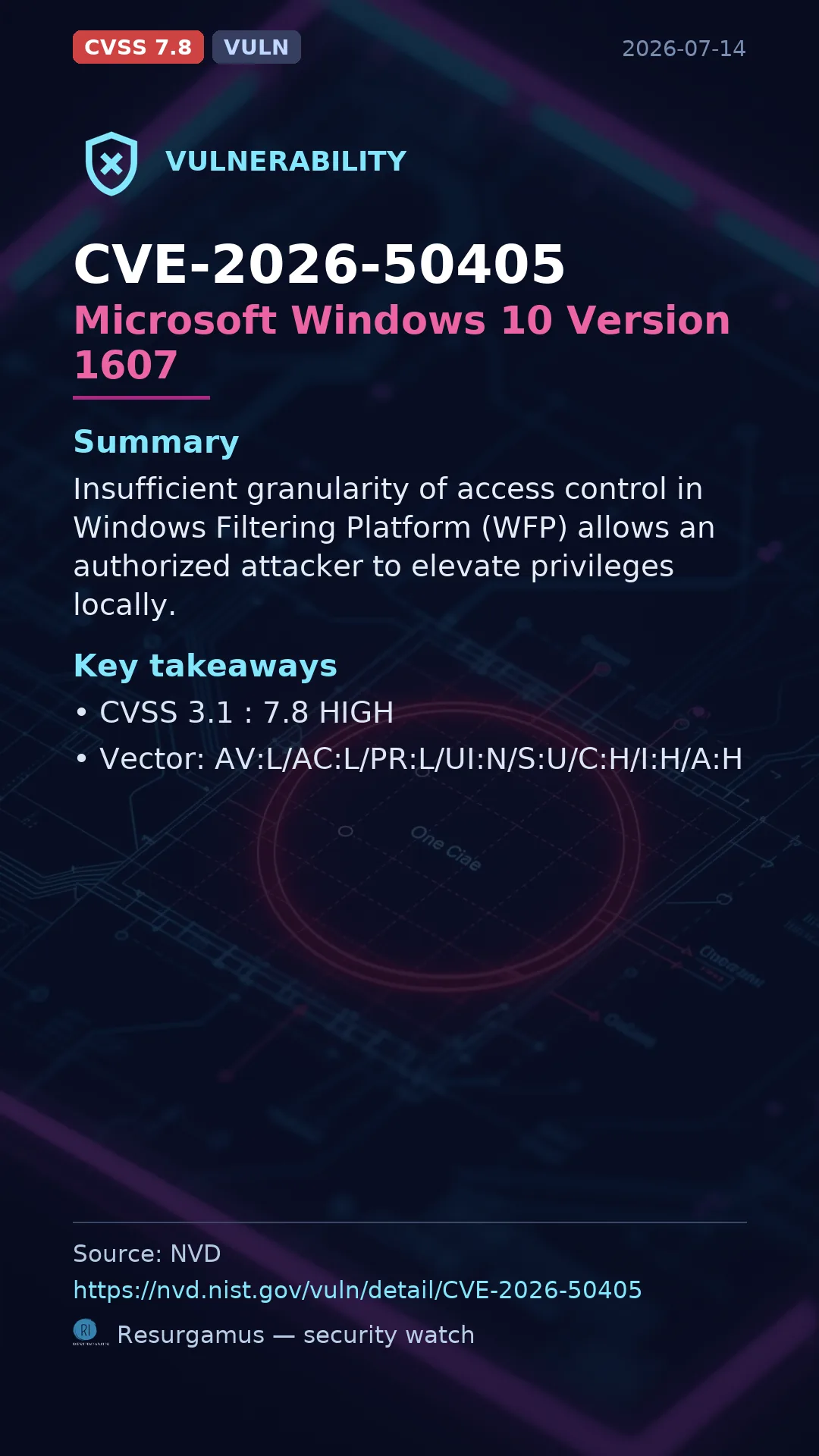 CVE-2026-50405 Microsoft Windows 10 Version 1607 Vulnerability