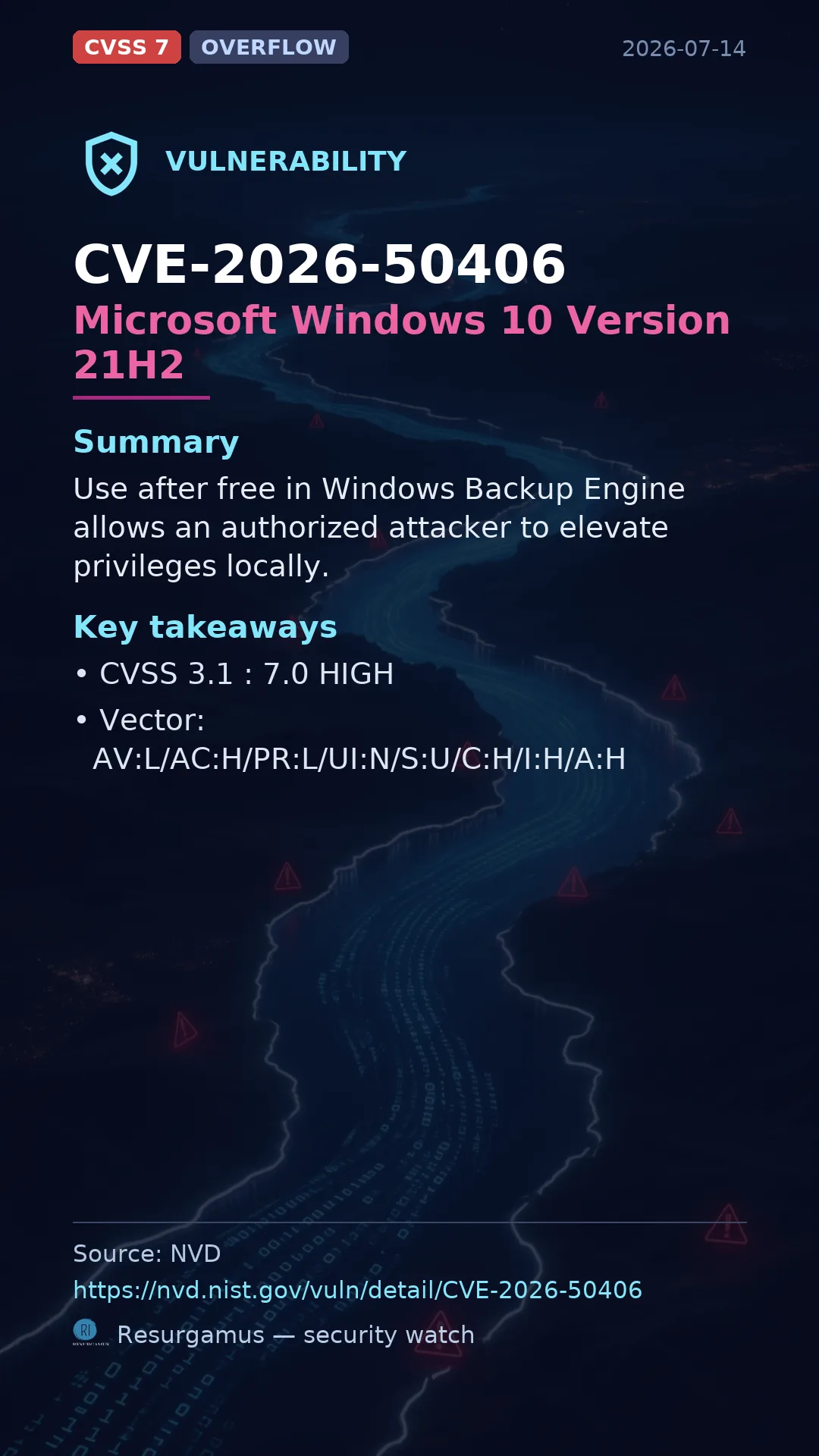 CVE-2026-50406 Microsoft Windows 10 Version 21H2 Vulnerability