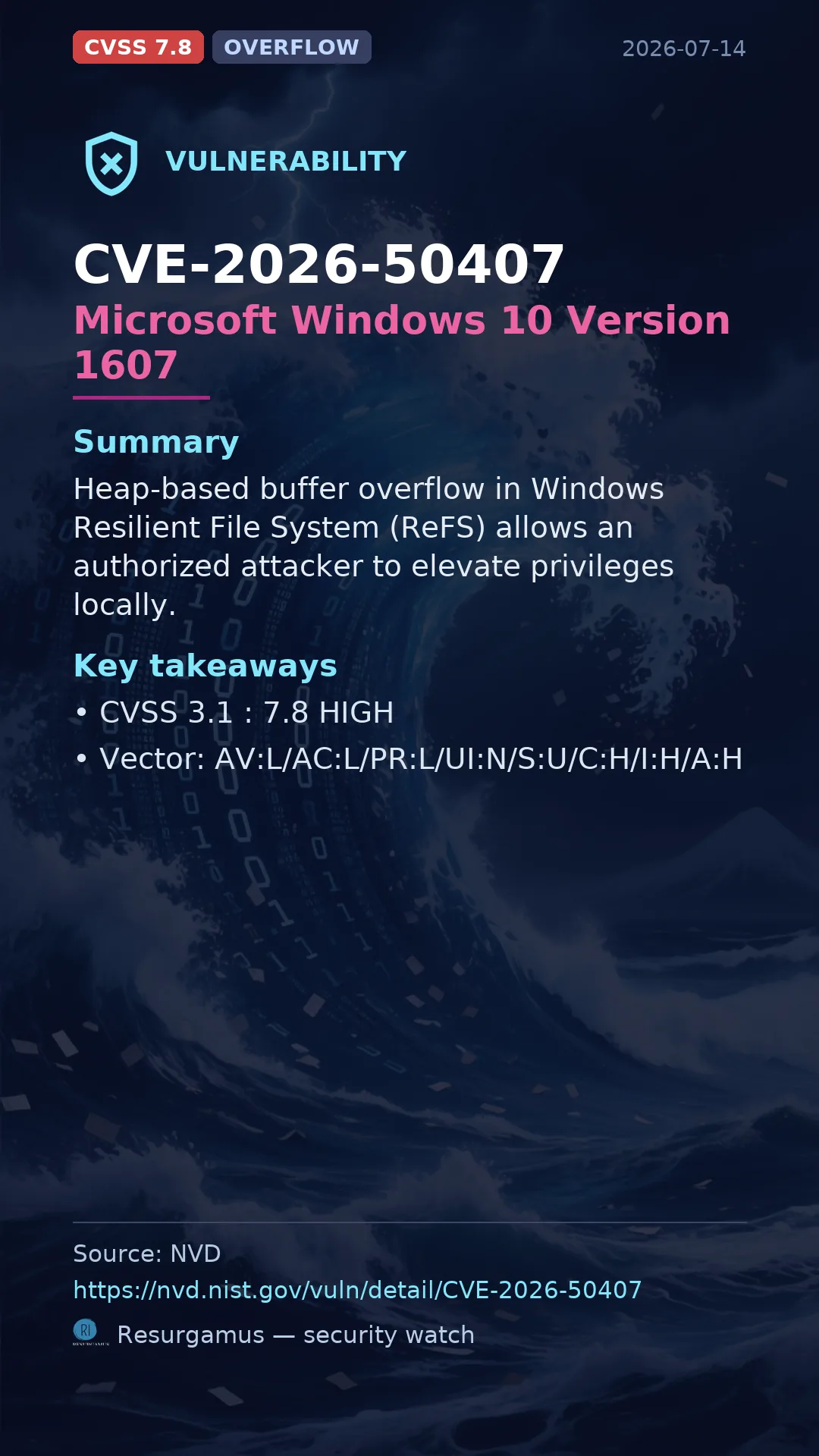 CVE-2026-50407 Microsoft Windows 10 Version 1607 Vulnerability