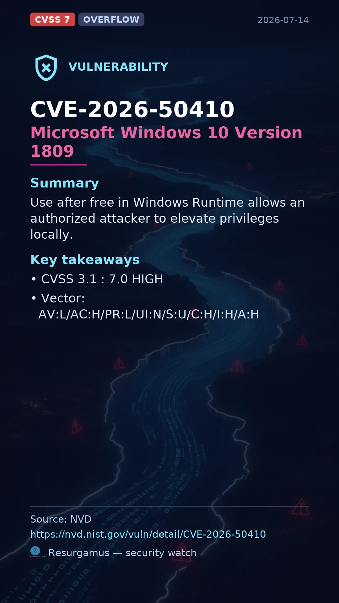 CVE-2026-50410 Microsoft Windows 10 Version 1809 Vulnerability