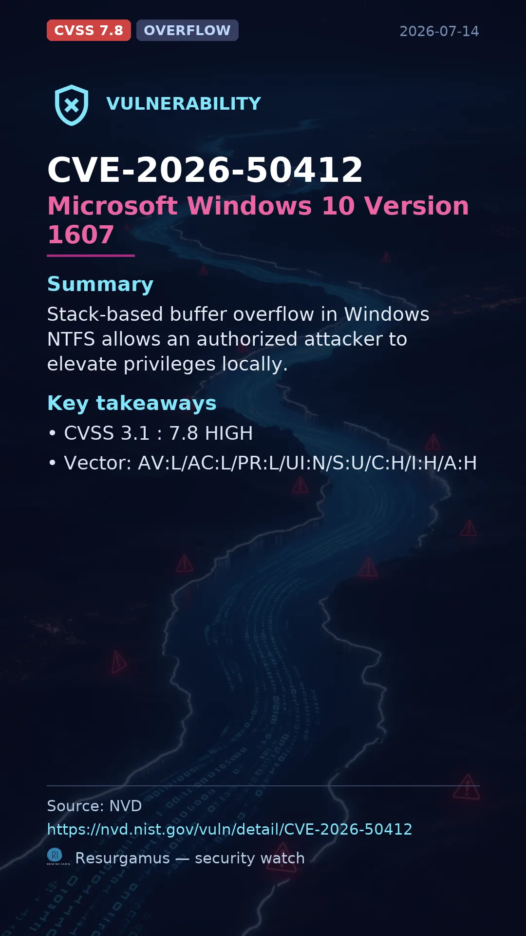 CVE-2026-50412 Microsoft Windows 10 Version 1607 Vulnerability