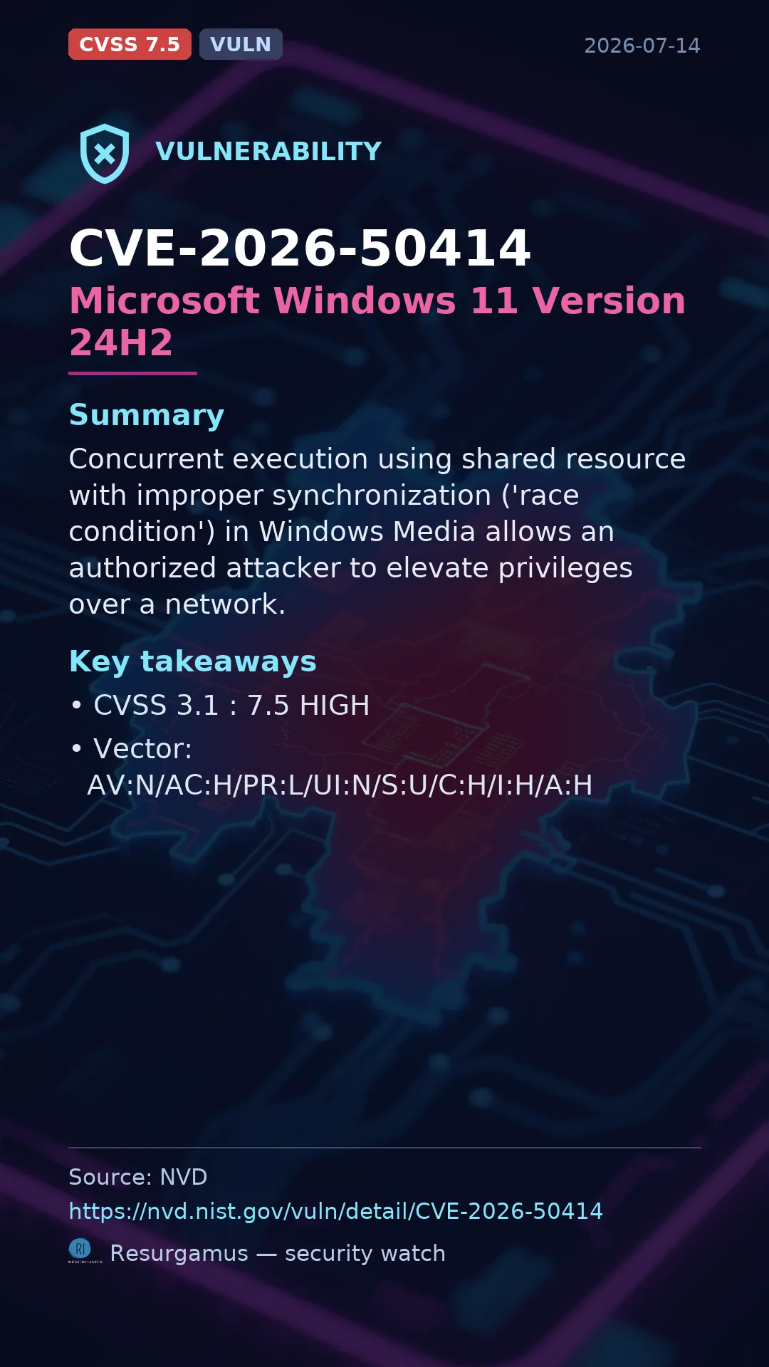 CVE-2026-50414 Microsoft Windows 11 Version 24H2 Vulnerability