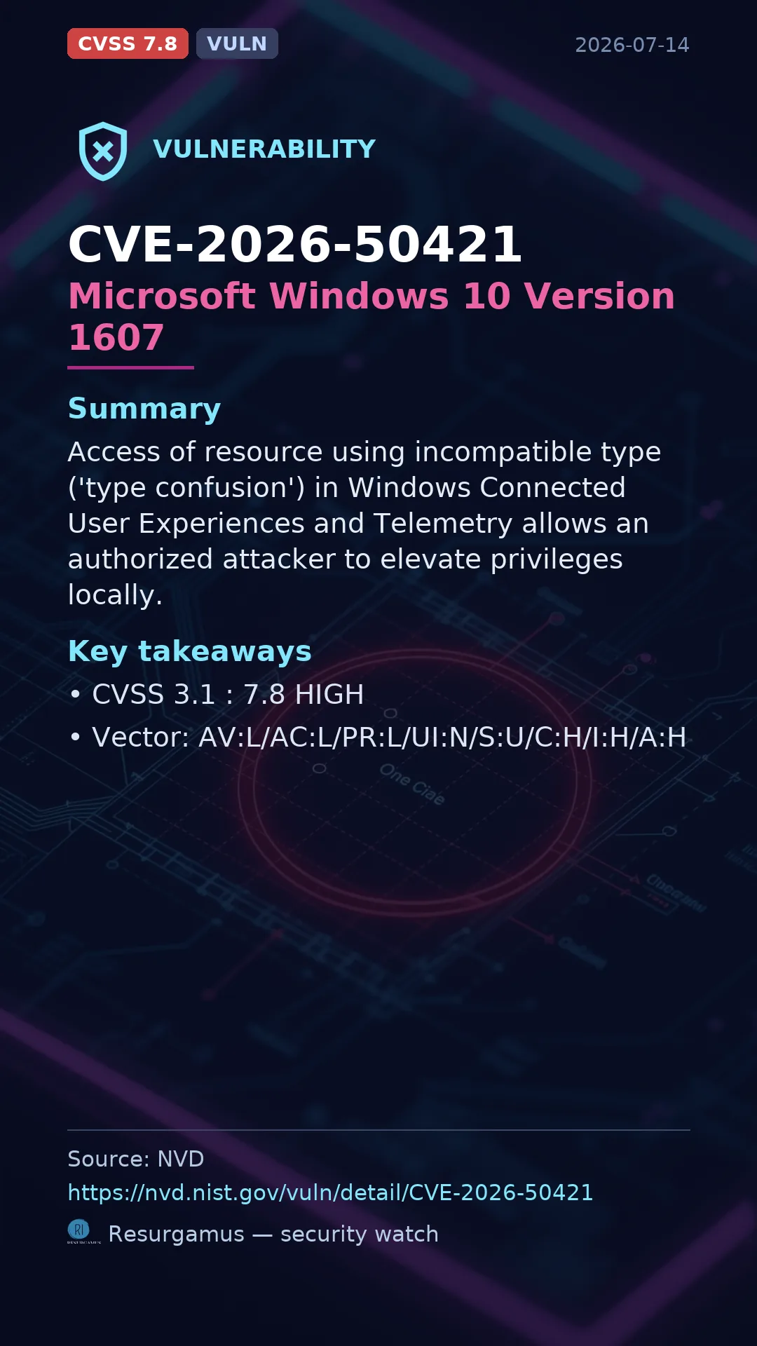 CVE-2026-50421 Microsoft Windows 10 Version 1607 Vulnerability