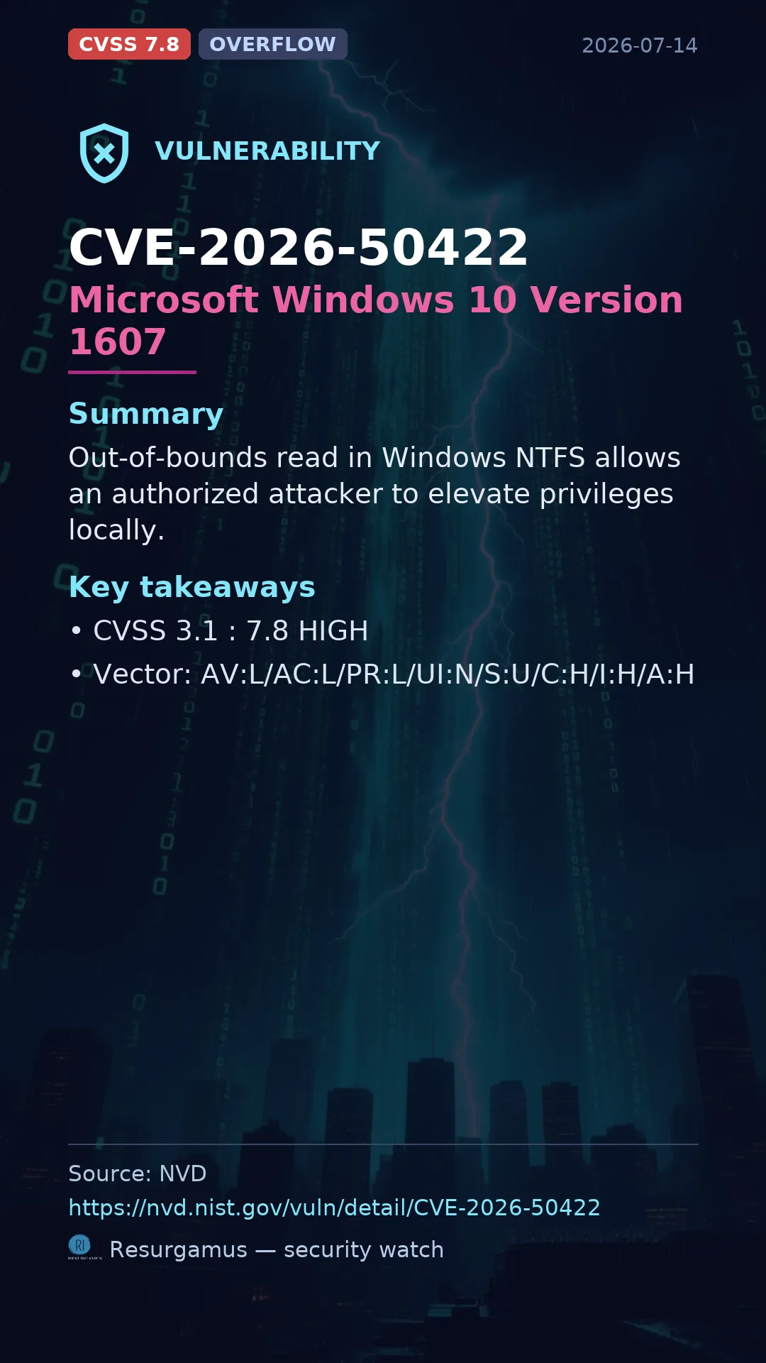 CVE-2026-50422 Microsoft Windows 10 Version 1607 Vulnerability