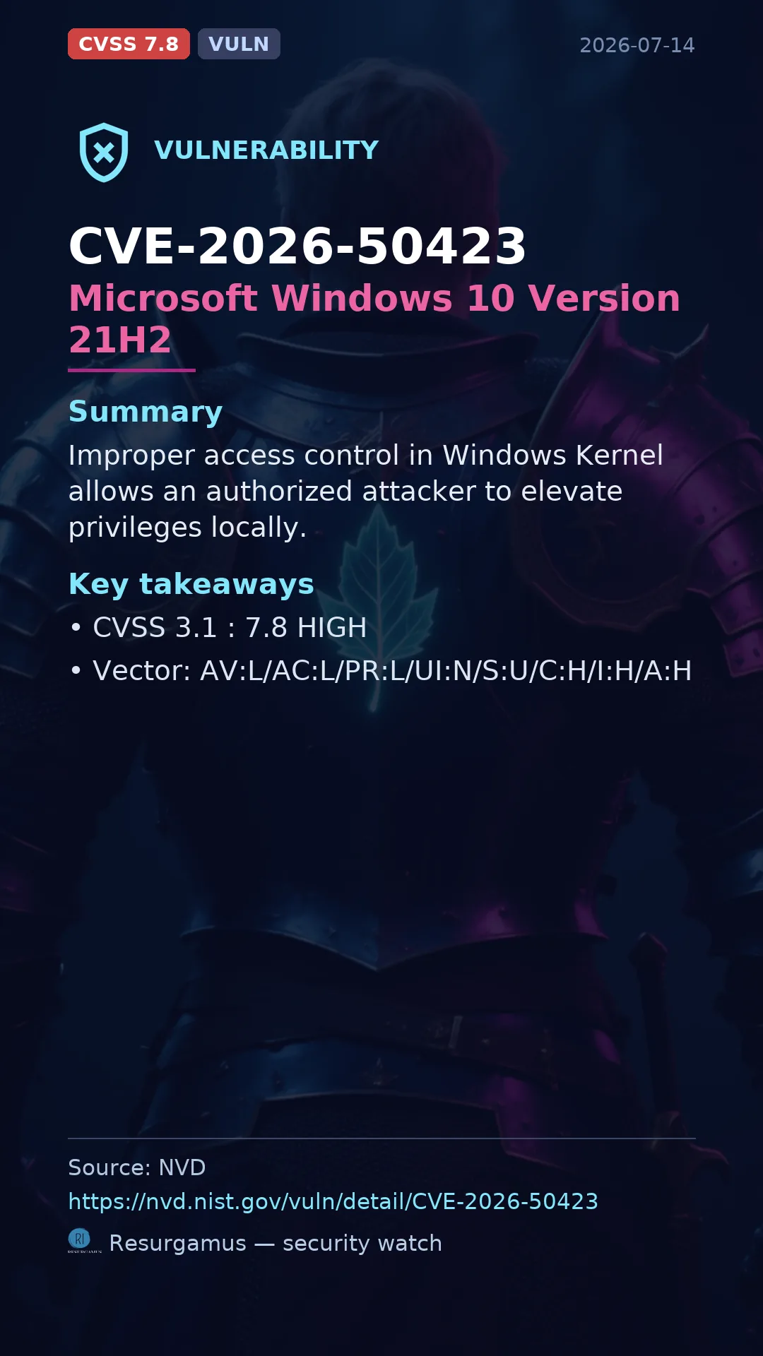 CVE-2026-50423 Microsoft Windows 10 Version 21H2 Vulnerability