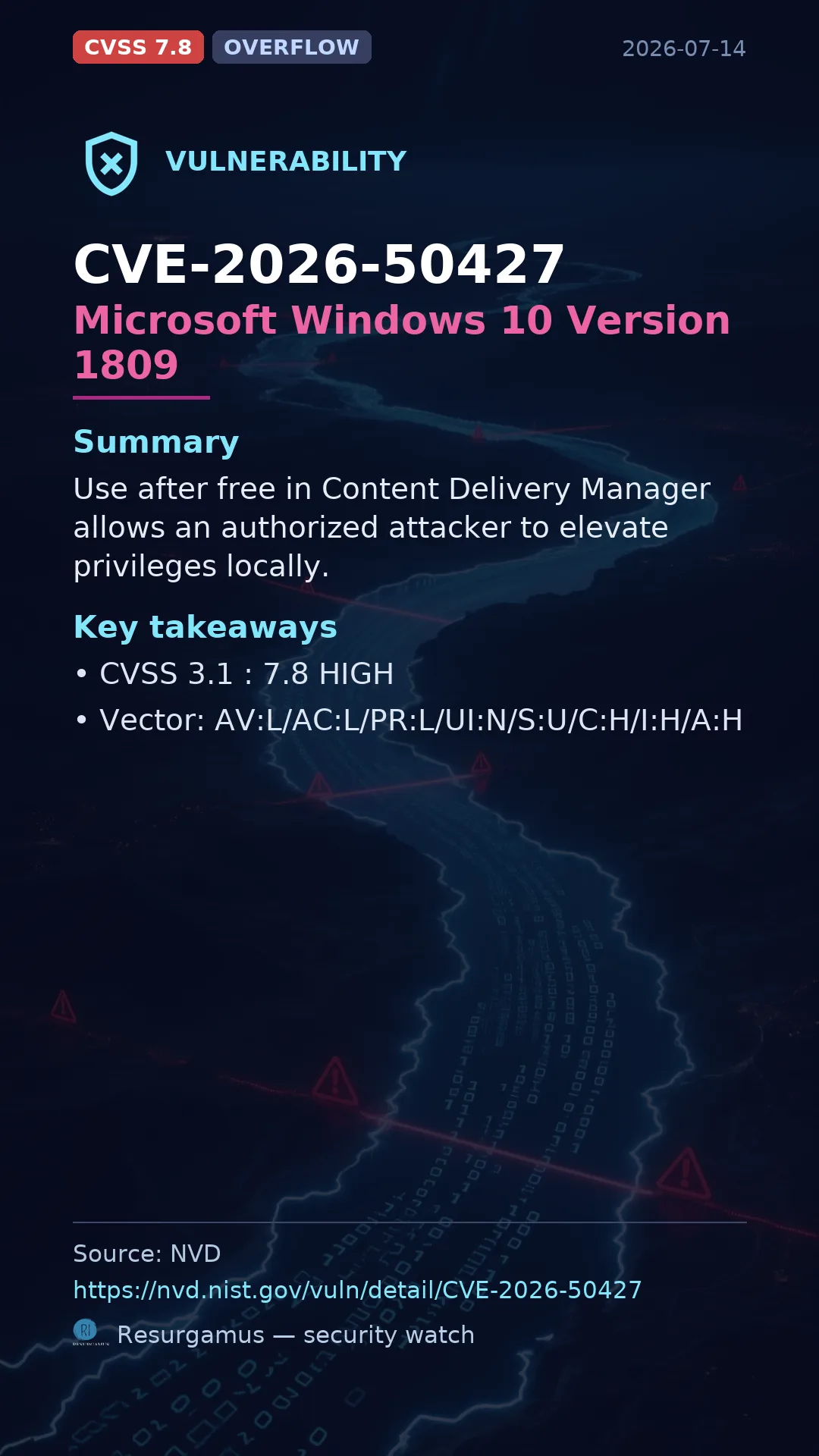 CVE-2026-50427 Microsoft Windows 10 Version 1809 Vulnerability