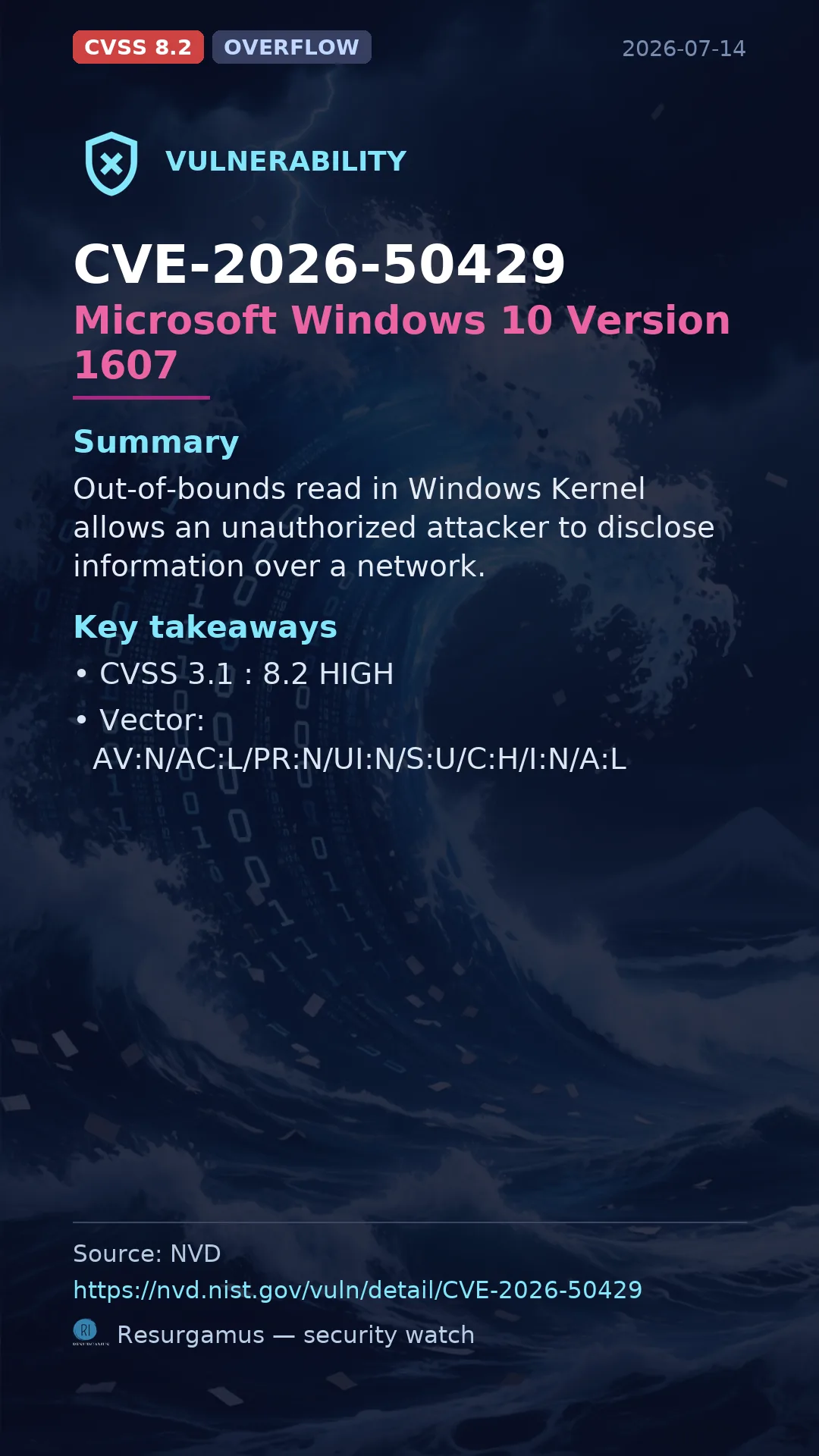 CVE-2026-50429 Microsoft Windows 10 Version 1607 Vulnerability